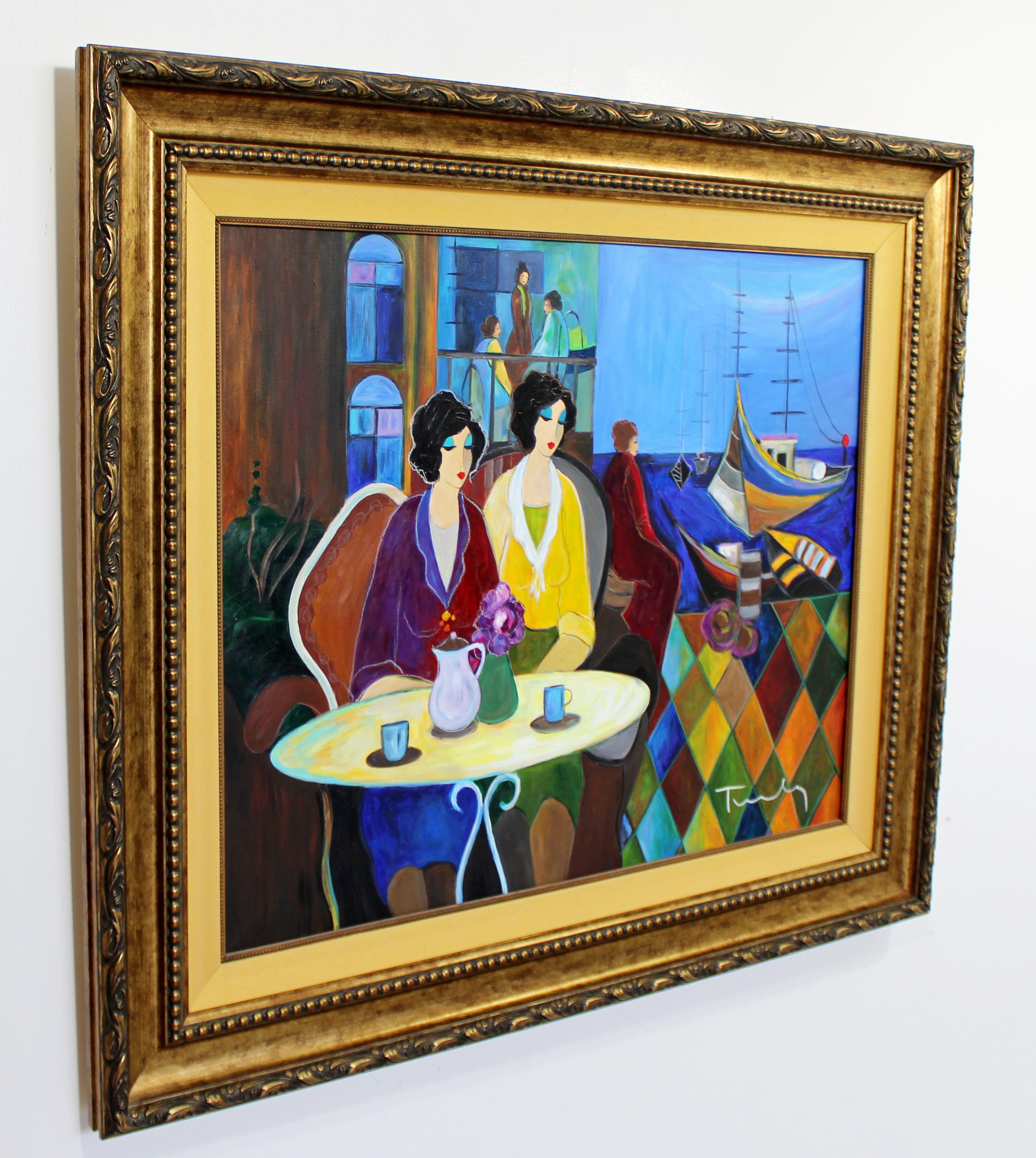 For your consideration is a beautiful, large unique painting with a bay background acrylic on canvas, signed by artist in black frame with gold rope. Itzchak Tarkay is considered to be a key figure in the modern figurative movement. Artwork by the