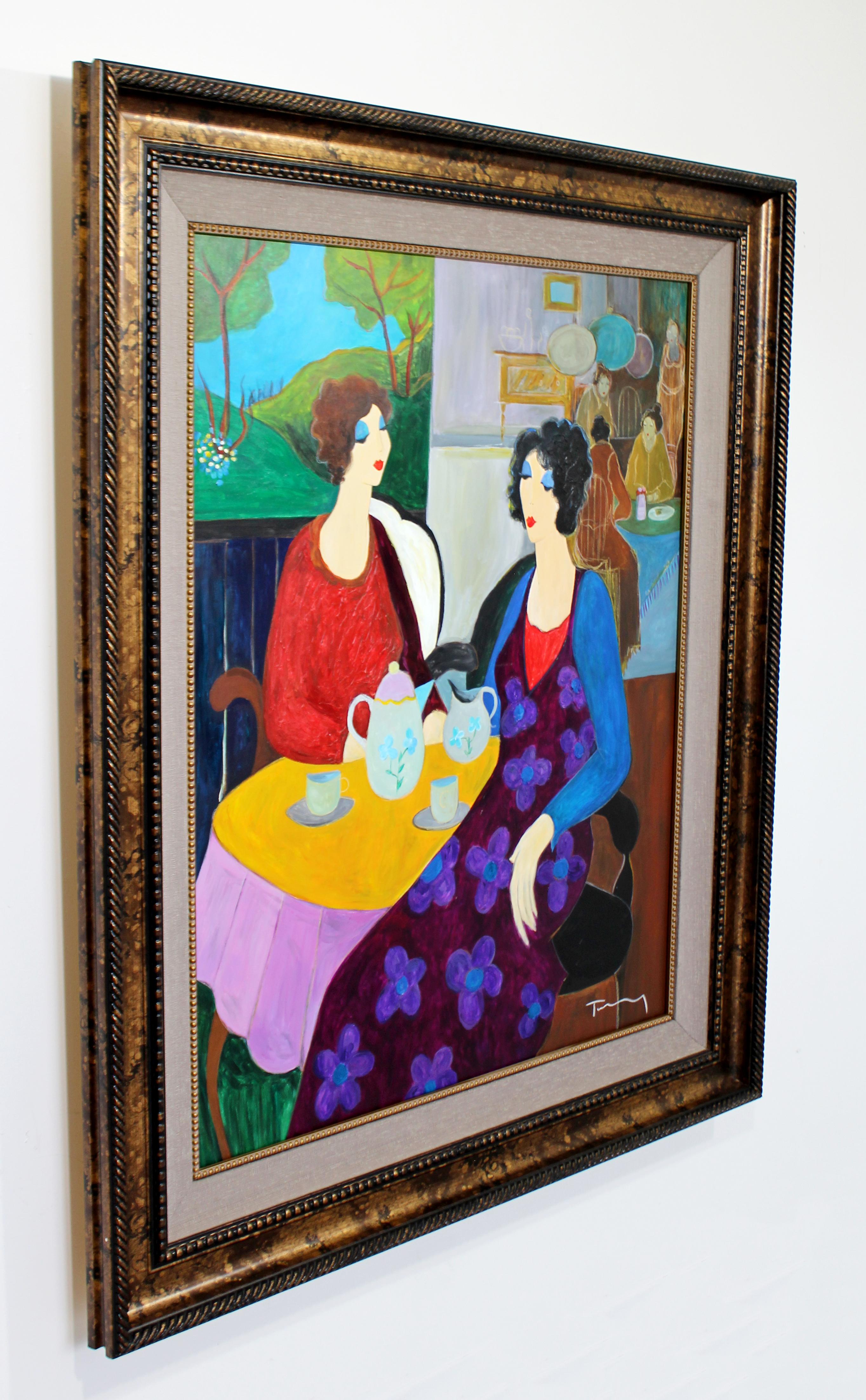 For your consideration is a fabulous, large unique acrylic on canvas painting, signed by artist in black frame with gold rope.  Itzchak Tarkay is considered to be a key figure in the modern figurative movement.  Artwork by the Israeli artist are