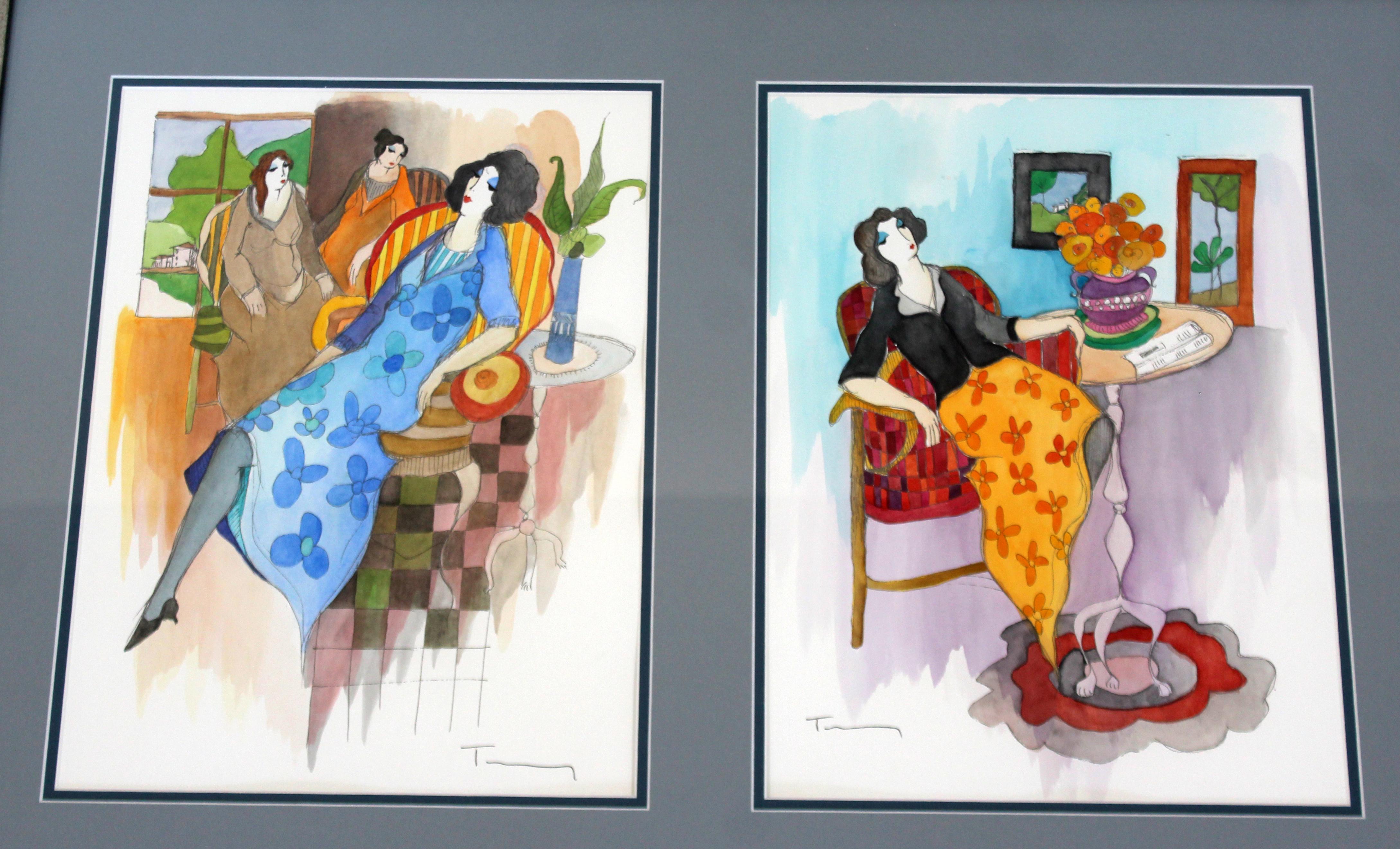 For your consideration a framed arrangement of four unique watercolors and mixed media on woven paper, signed by artist in silver frame.  Itzchak Tarkay is considered to be a key figure in the modern figurative movement.  Artwork by the Israeli
