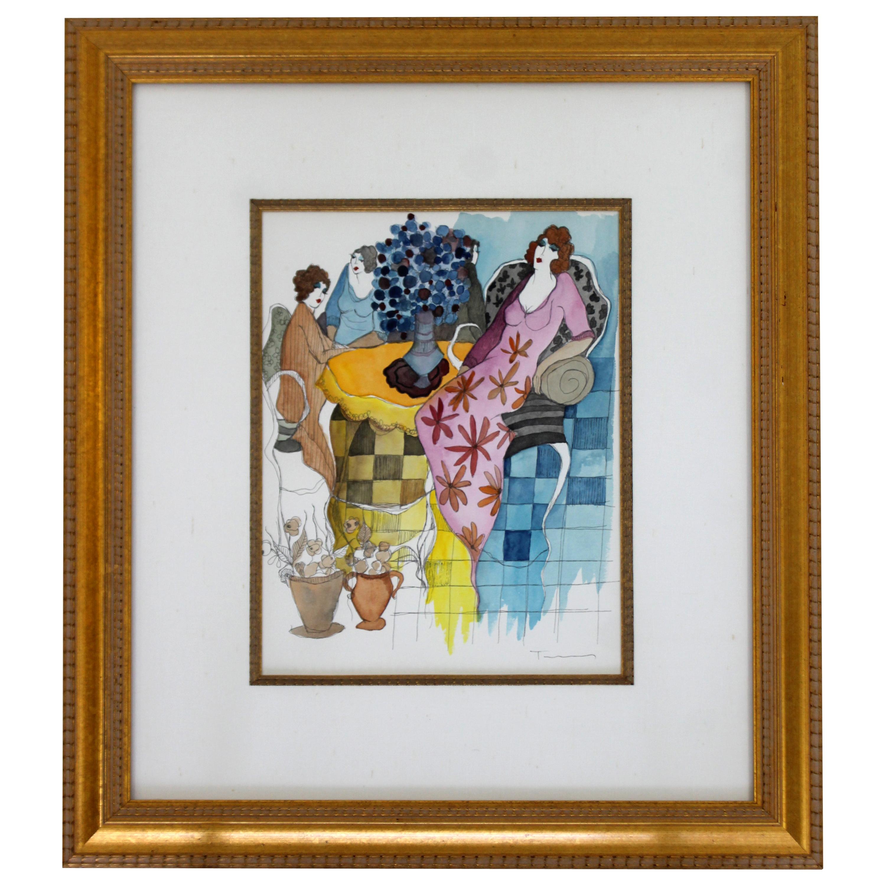 Mid Century Modern Tarkay Watercolor Mixed Media Orig Lady in Purple at