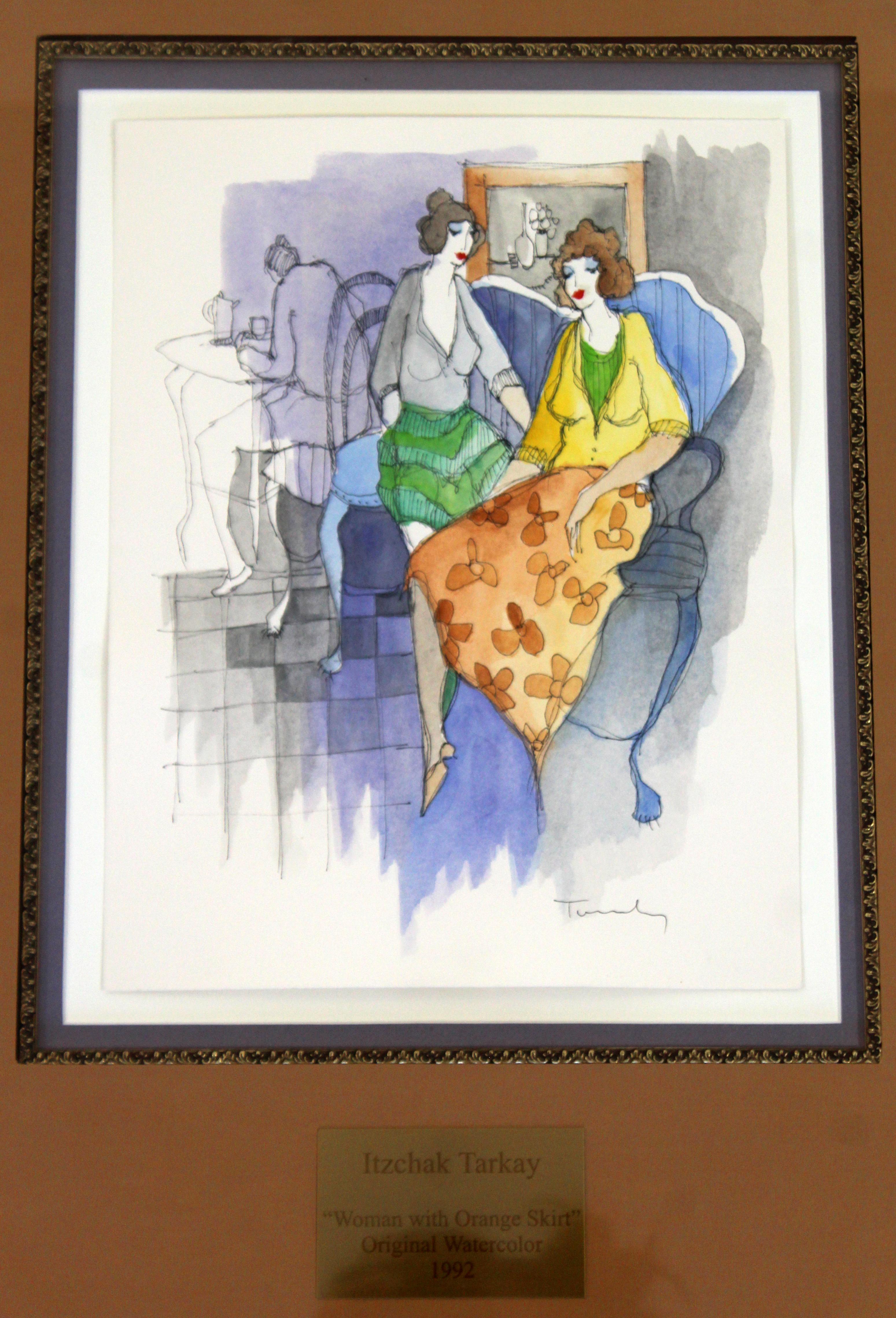 For your consideration is a gorgeous watercolor and mixed-media on woven paper, signed by artist in gold ornate frame, 