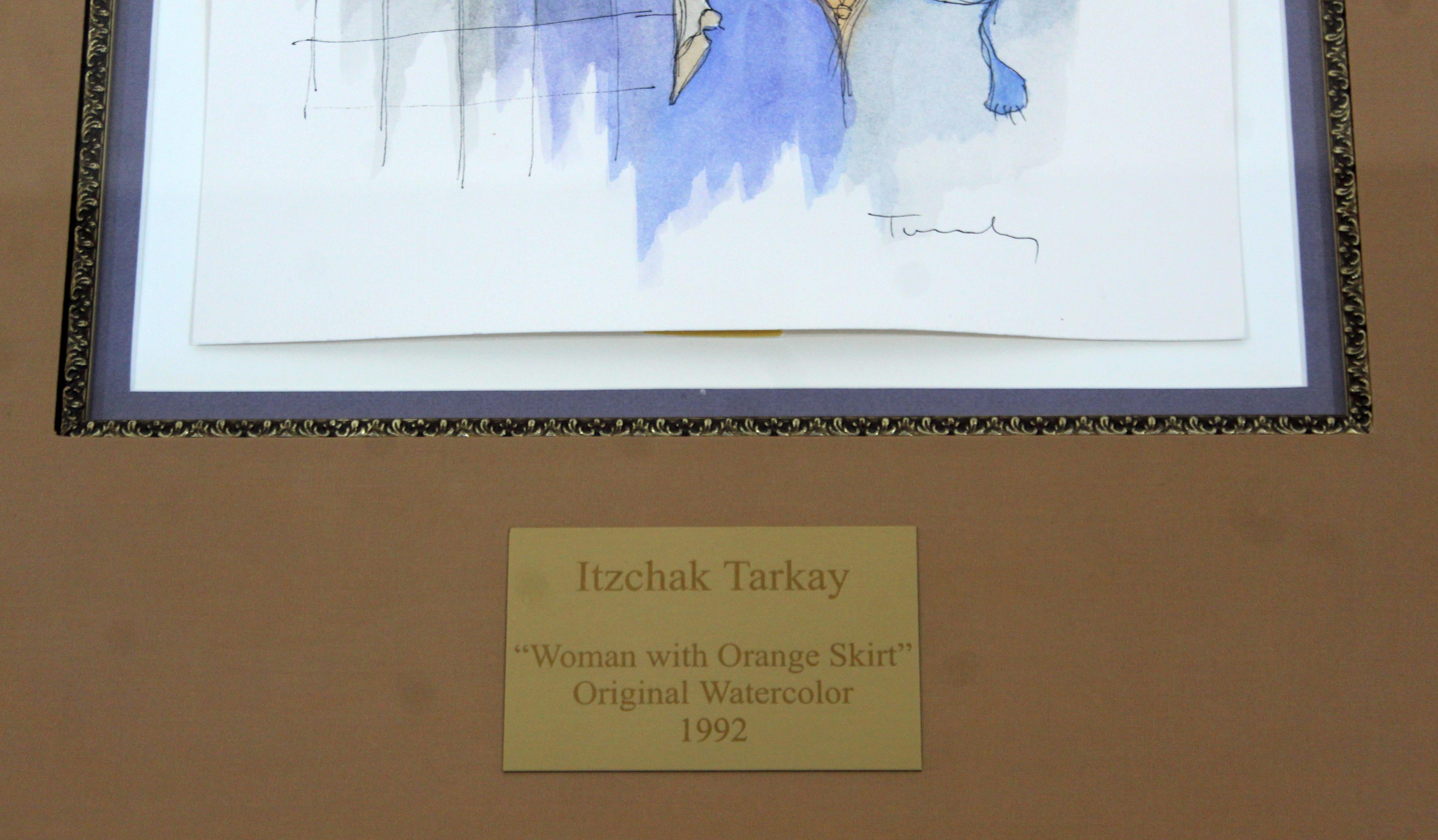 Mid-Century Modern Itzchak Tarkay Watercolor Mixed-Media Orig Lady Orange Skirt In Good Condition In Keego Harbor, MI