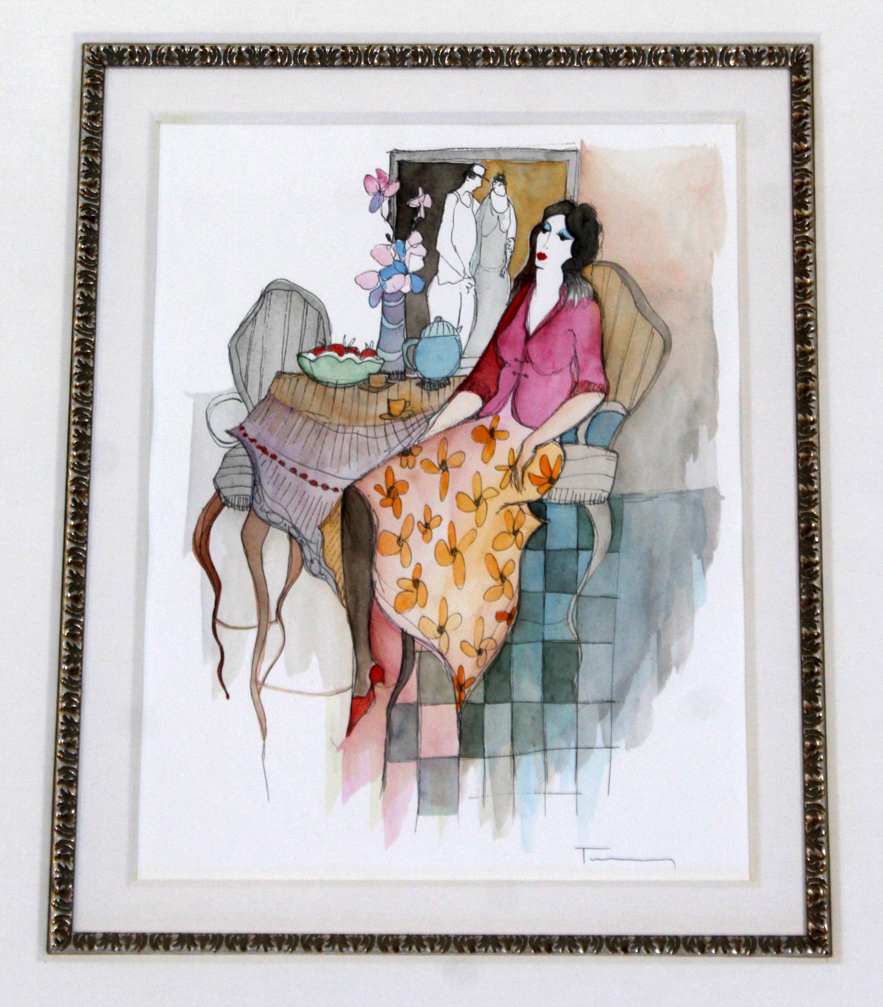 For your consideration is a wonderful unique watercolor and mixed media on woven paper.  Itzchak Tarkay is considered to be a key figure in the modern figurative movement.  Artwork by the Israeli artist are easily recognizable and captures people