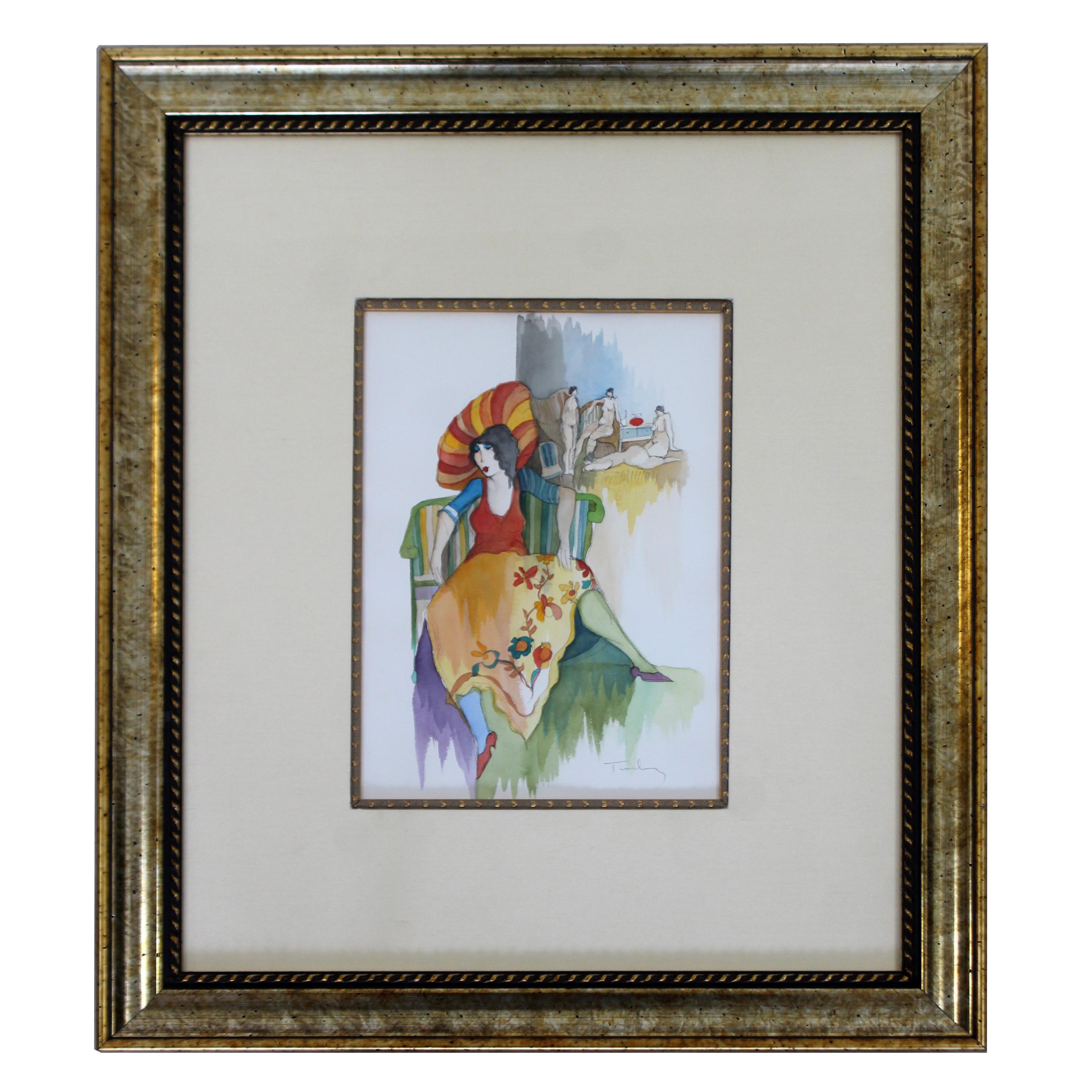 Unique Itzchak Tarkay Watercolor Mixed Media Original Lady Striped