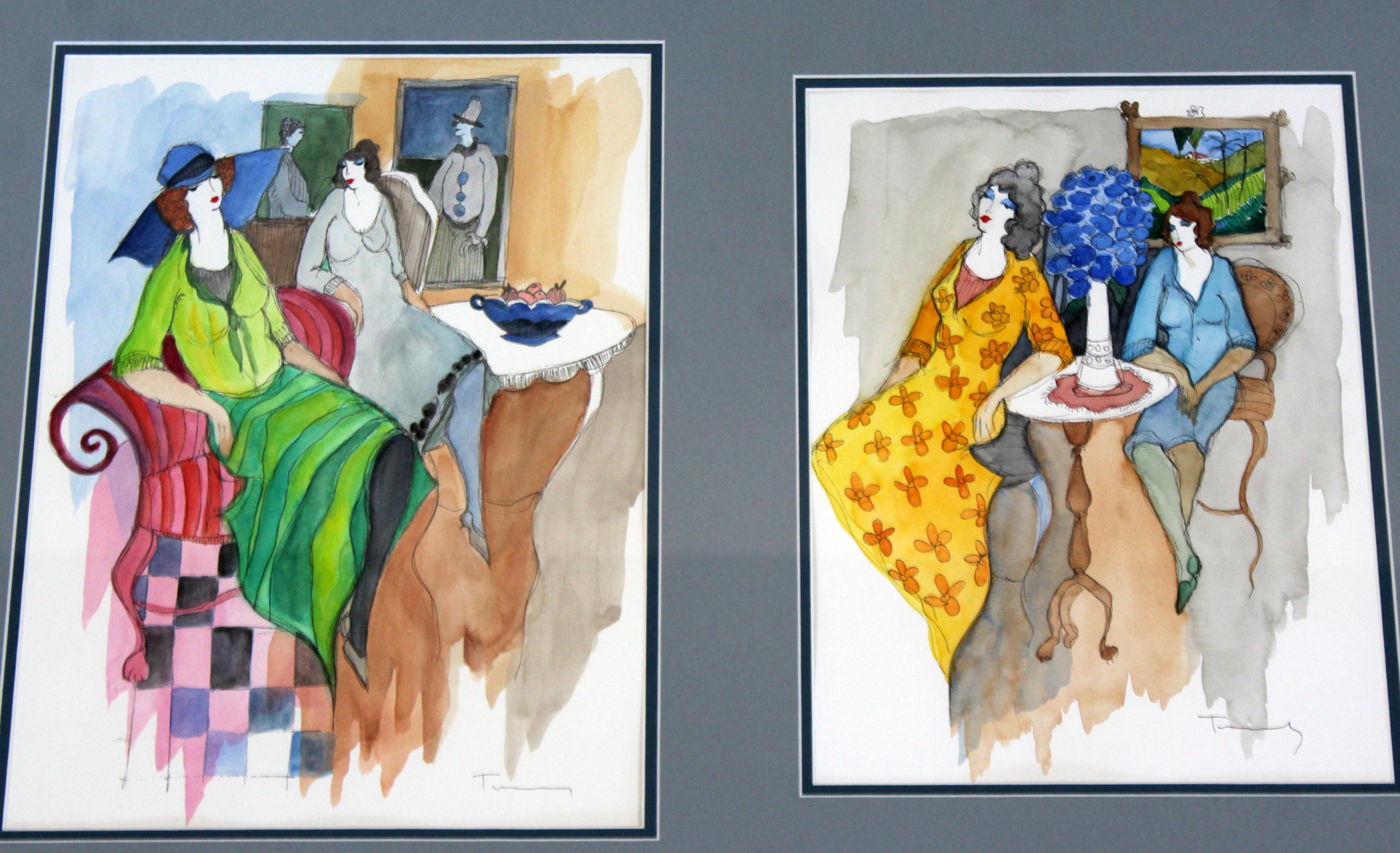 For your consideration is a frame arrangement of four stunning unique watercolors and mixed media on woven paper, signed by artist in silver frame.  Itzchak Tarkay is considered to be a key figure in the modern figurative movement.  Artwork by the
