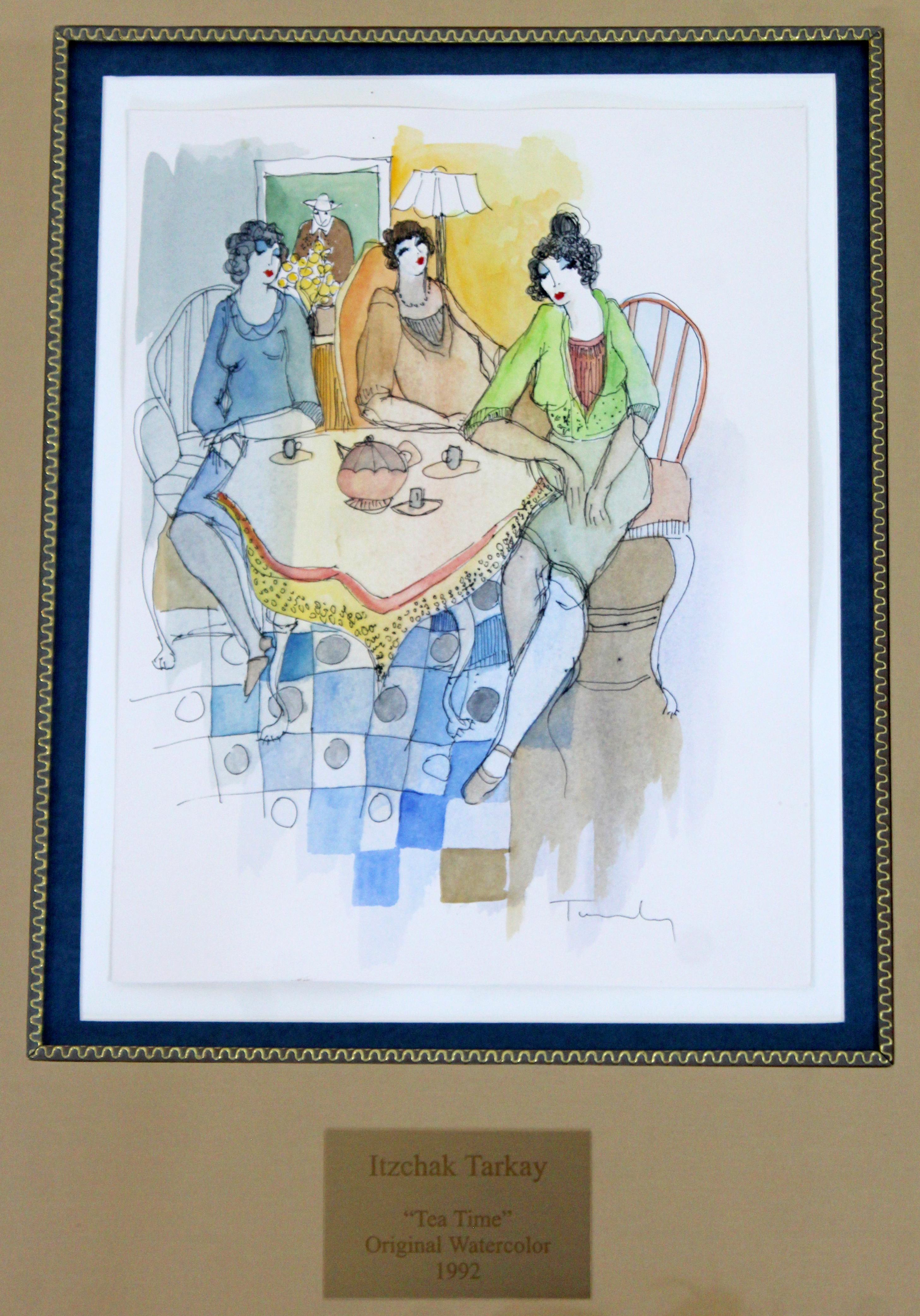 For your consideration is a marvelous unique watercolor and mixed media on woven paper, signed by artist in gold frame, 