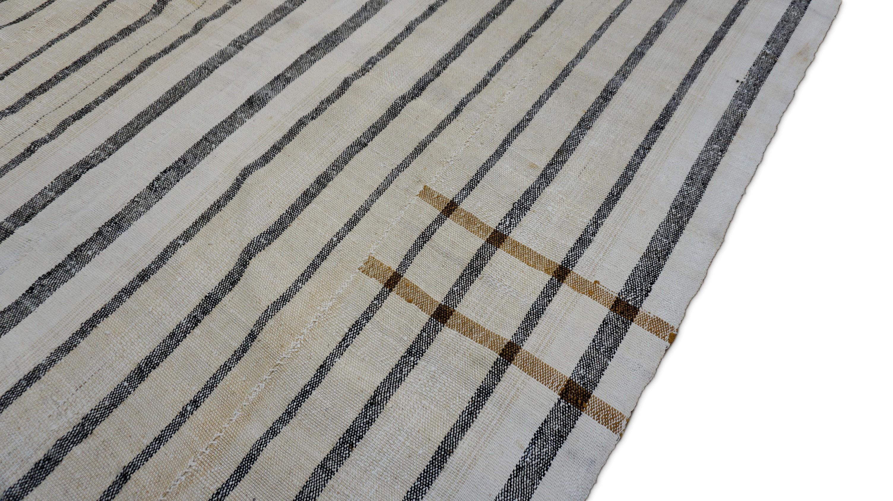 Mid-Century Modern Ivory and Black Vertical Striped Kilim 6'10''x13'9'' In Good Condition For Sale In Torrance, CA