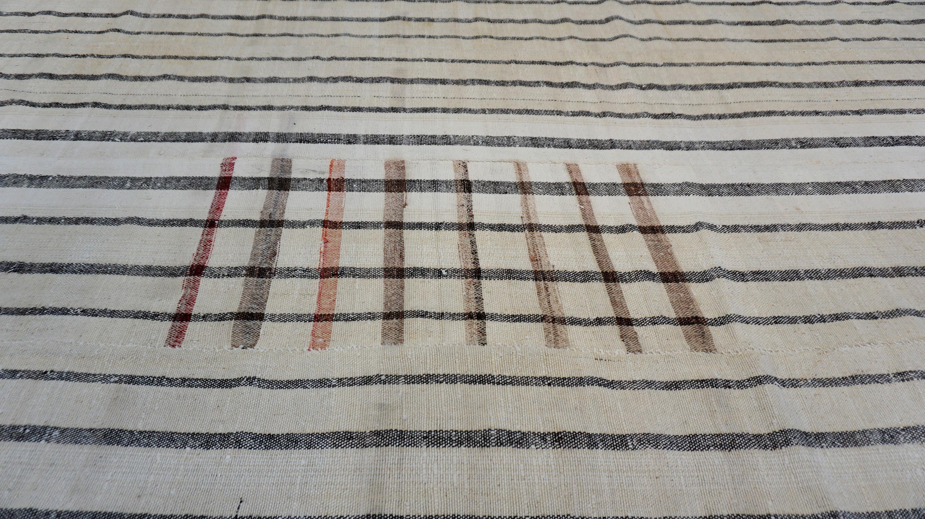 20th Century Mid-Century Modern Ivory and Black Vertical Striped Kilim 6'10''x13'9'' For Sale