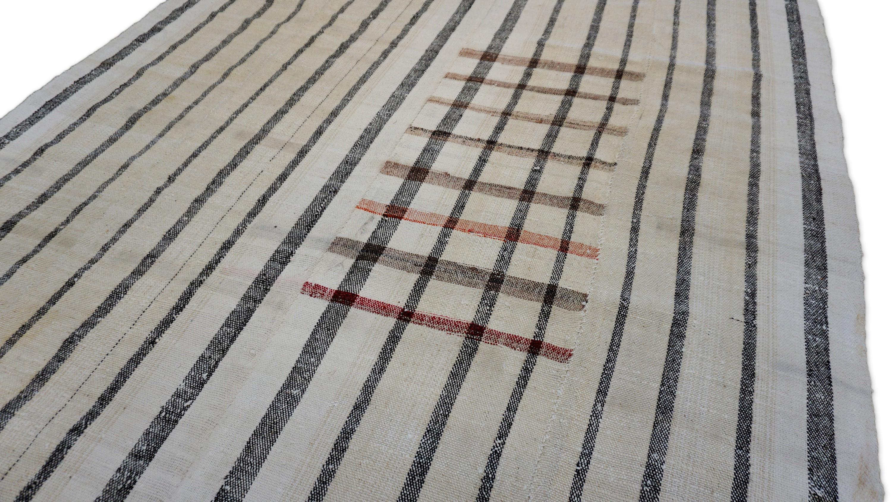 Wool Mid-Century Modern Ivory and Black Vertical Striped Kilim 6'10''x13'9'' For Sale