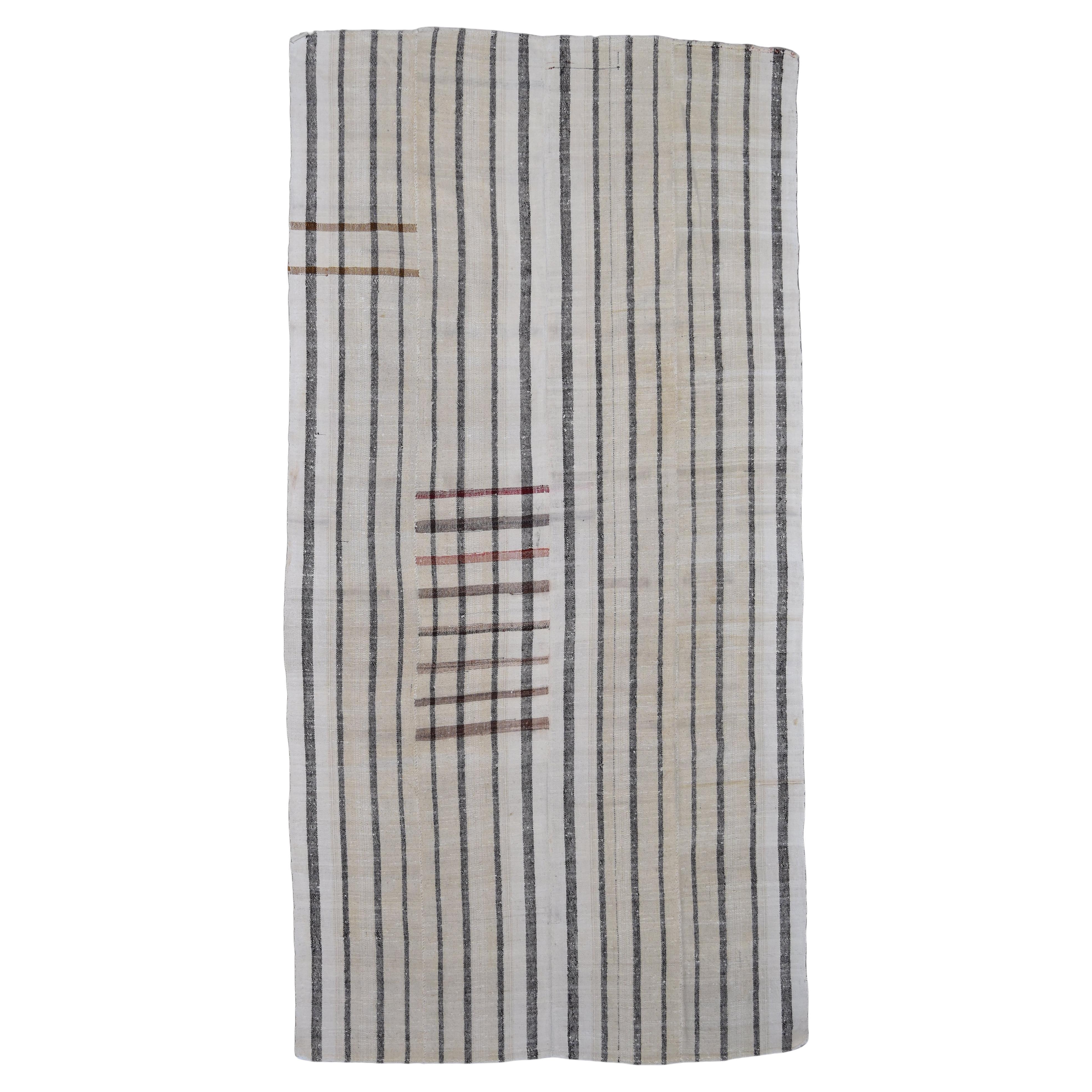 Mid-Century Modern Ivory and Black Vertical Striped Kilim 6'10''x13'9'' For Sale