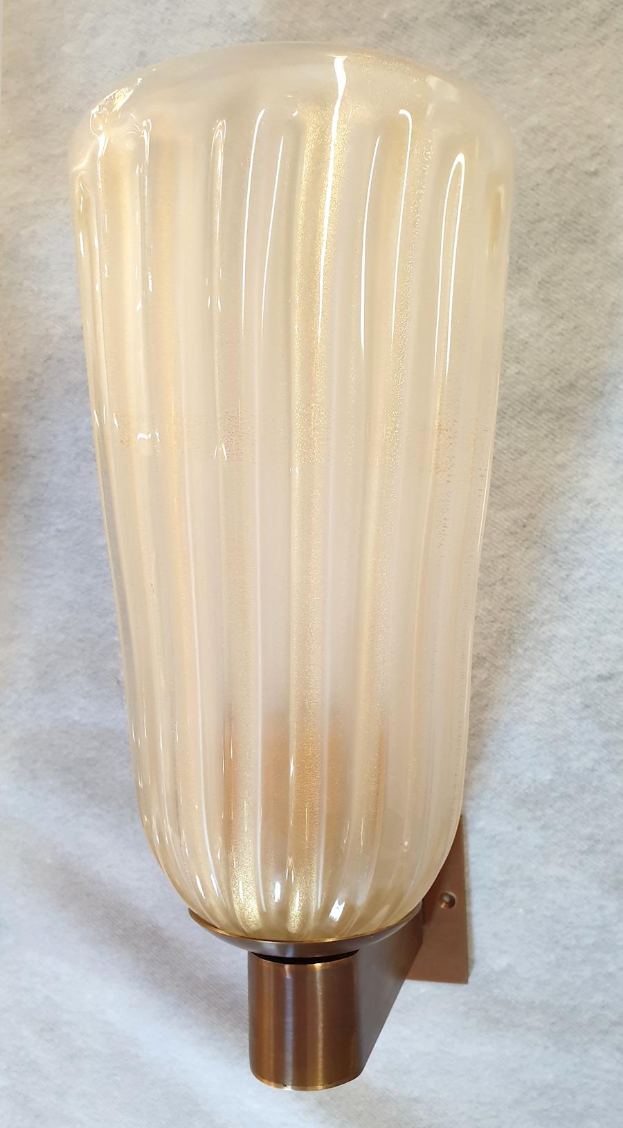 Bronzed Neoclassical Mid-Century Modern Ivory Murano Glass Sconces Barovier, Italy 1970