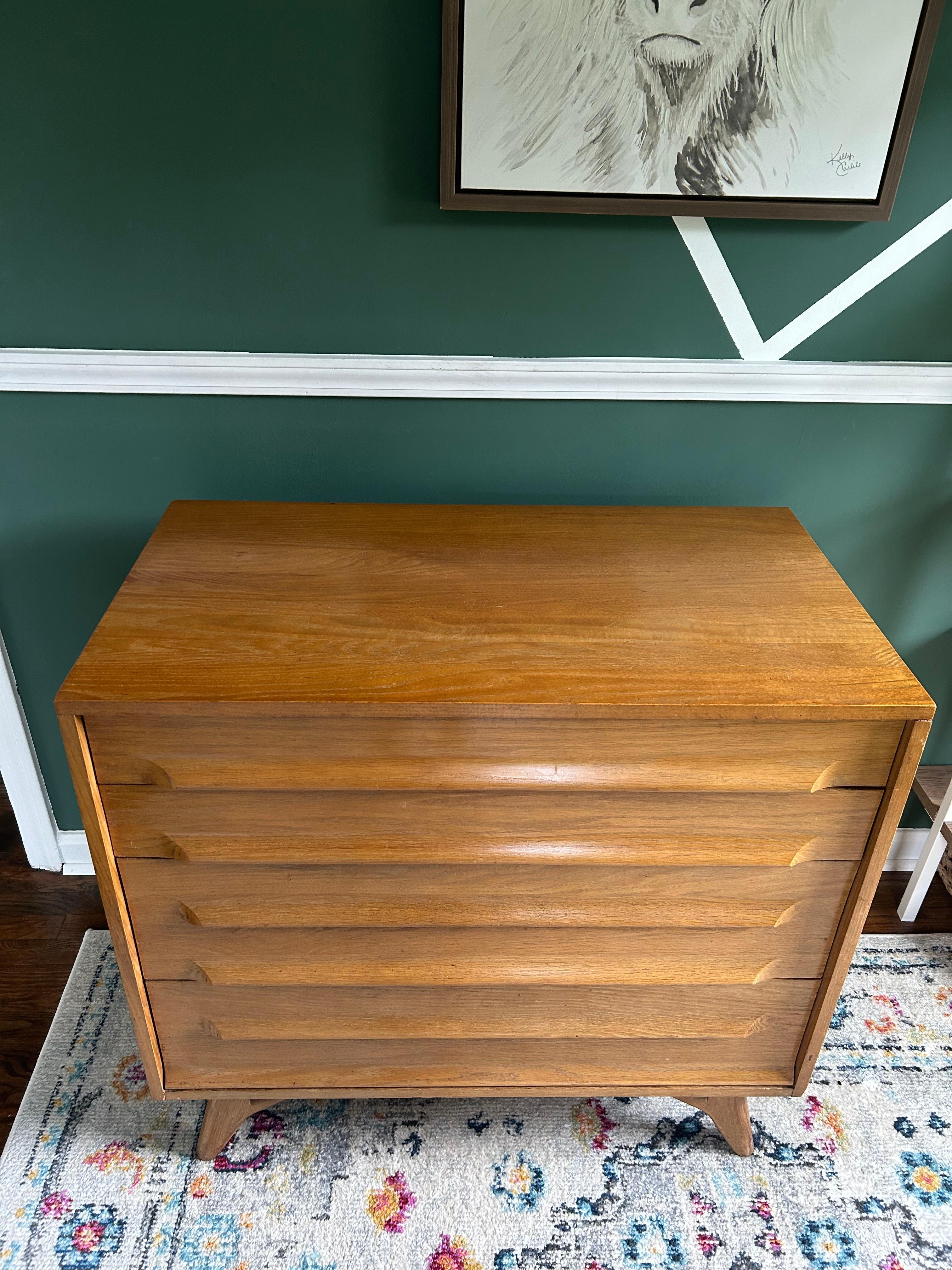 Mid-Century Modern Jack Van Der Molan Gentleman's Dresser for Vanleigh. This unique tallboy or gentleman's dresser has 4 drawers, the top two drawers have dividers for small items to keep organized, the height of the inside of the drawer is 2.5