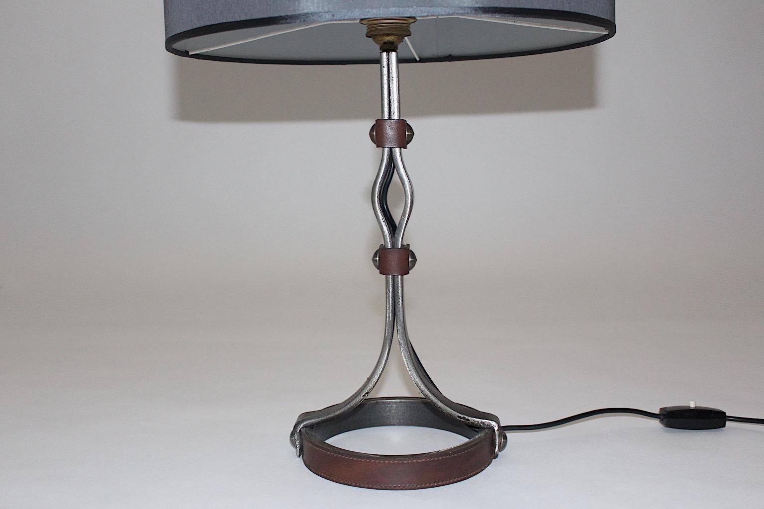 Mid-Century Modern Jacques Adnet Iron Leather Table Lamp France 1950s For Sale 8