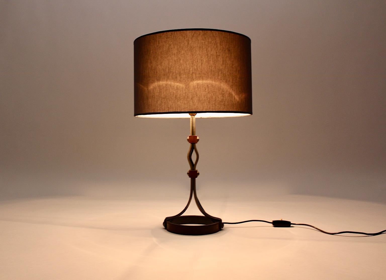 French Mid-Century Modern Jacques Adnet Iron Leather Table Lamp France 1950s For Sale