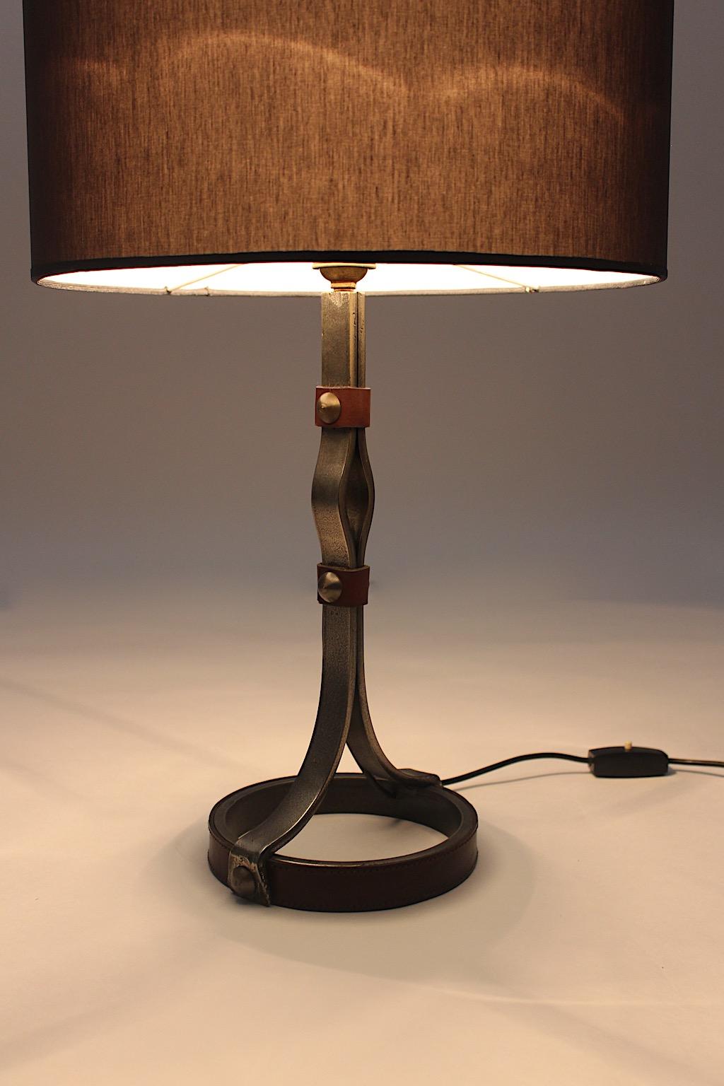 20th Century Mid-Century Modern Jacques Adnet Iron Leather Table Lamp France 1950s For Sale
