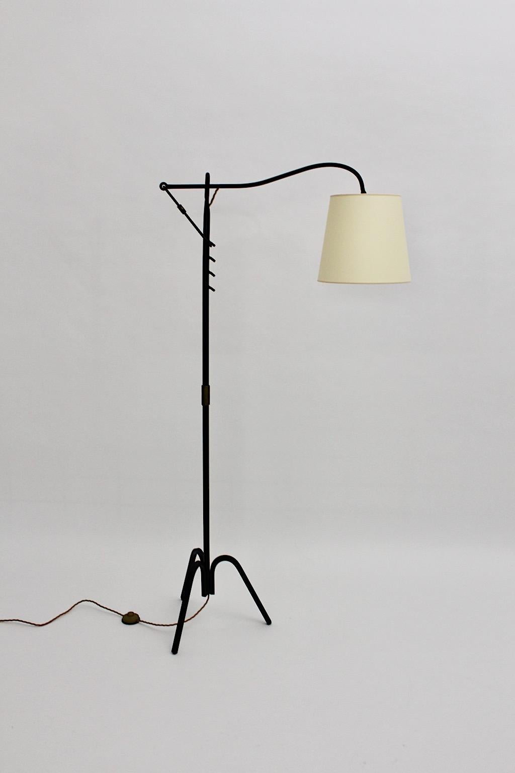 Mid-Century Modern Mid Century Modern Jacques Adnet Vintage Black Iron Floor Lamp 1950s France For Sale