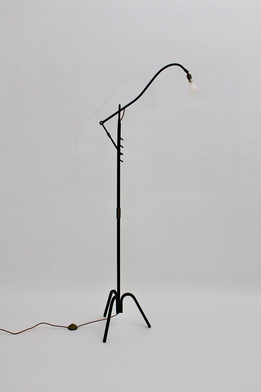 French Mid Century Modern Jacques Adnet Vintage Black Iron Floor Lamp 1950s France For Sale