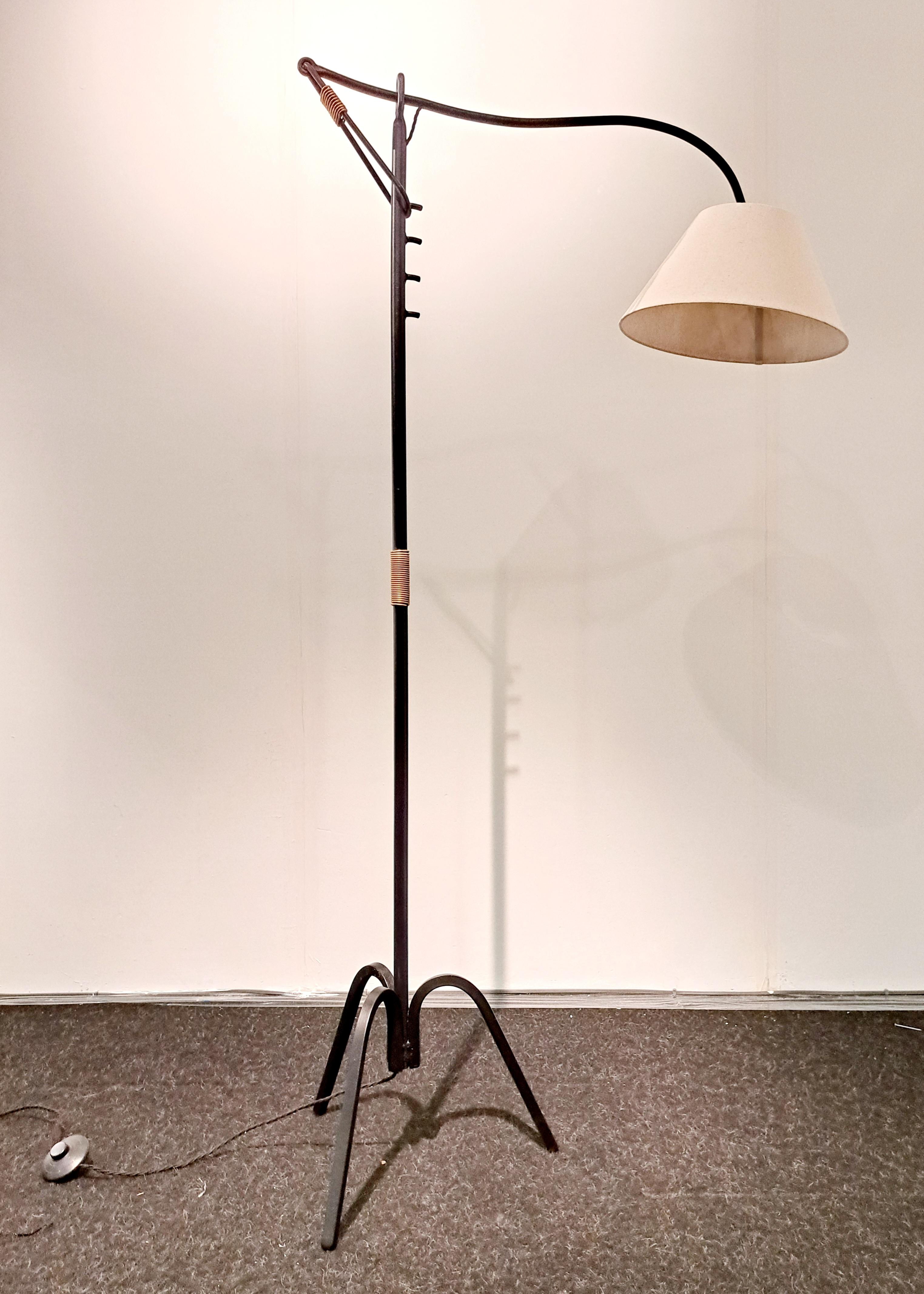 French Mid Century Modern Jacques Adnet Vintage Black Iron Floor Lamp 1950s France For Sale