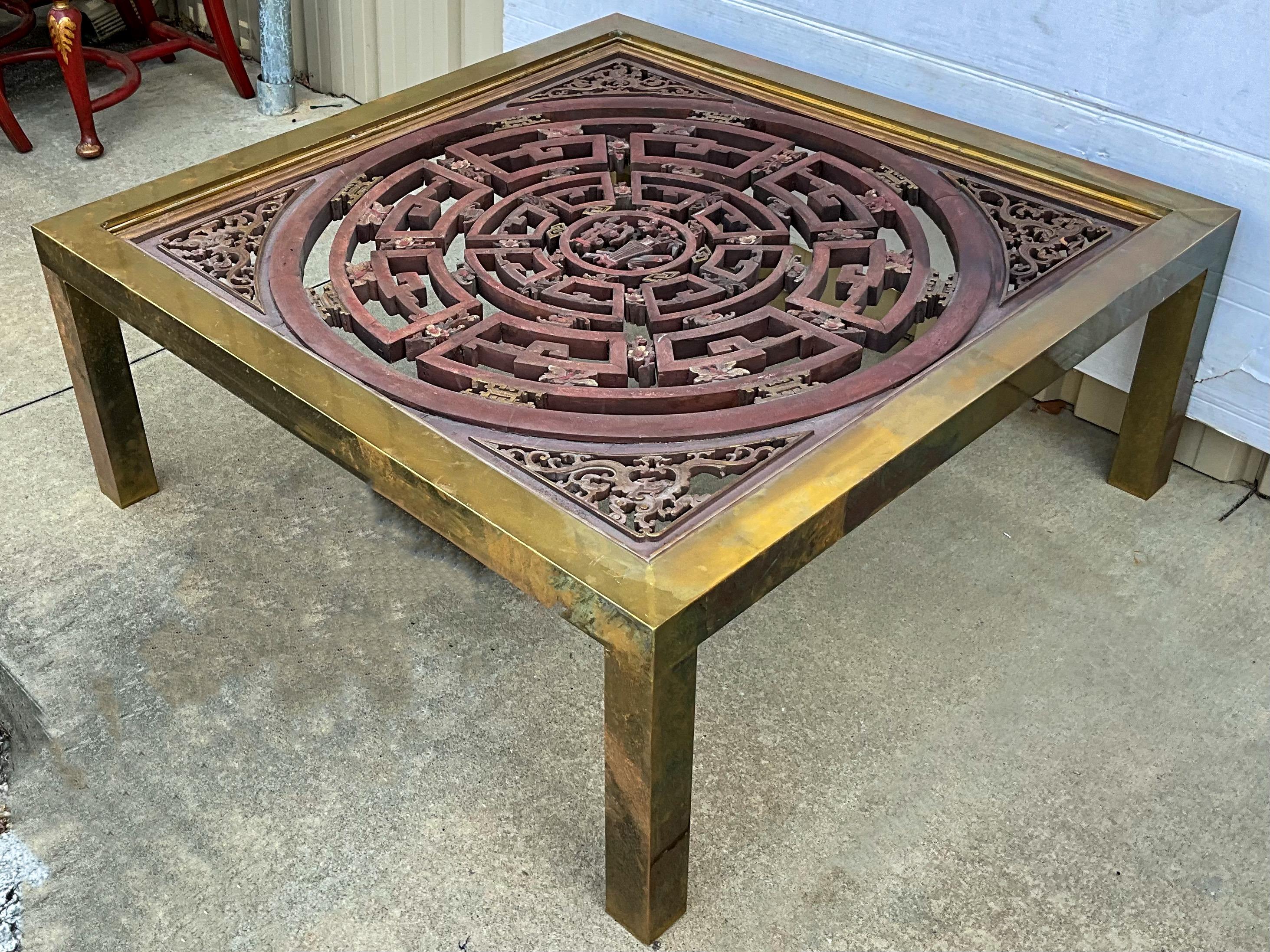 Mid-Century Modern James Mont Asian Style Brass And Carved Wood Coffee Table In Good Condition For Sale In Kennesaw, GA