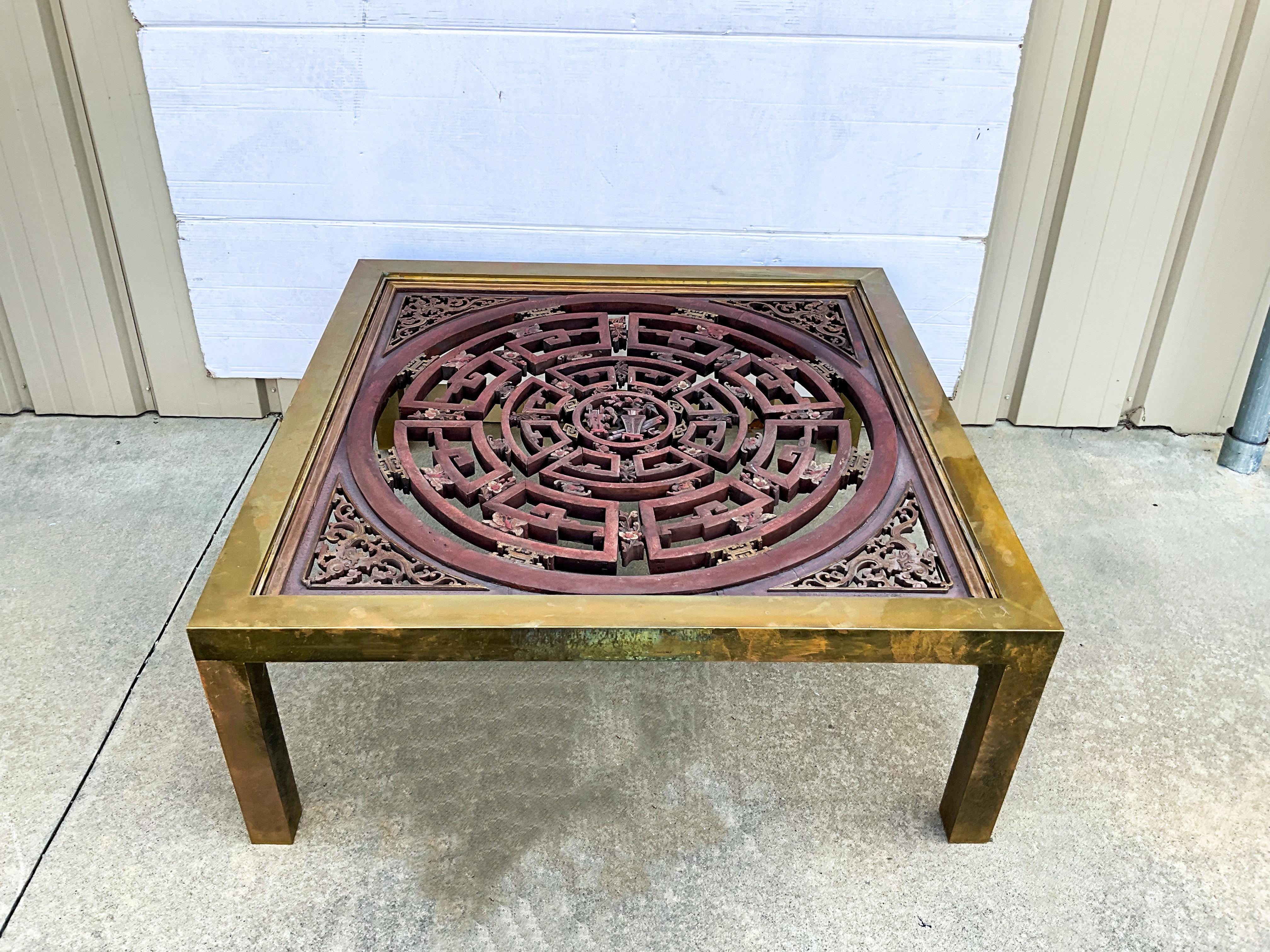 Mid-Century Modern James Mont Asian Style Brass And Carved Wood Coffee Table For Sale 2