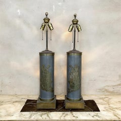 Mid-Century Modern James Mont Style Cylinder Brass / Bronze Table Lamps - Pair