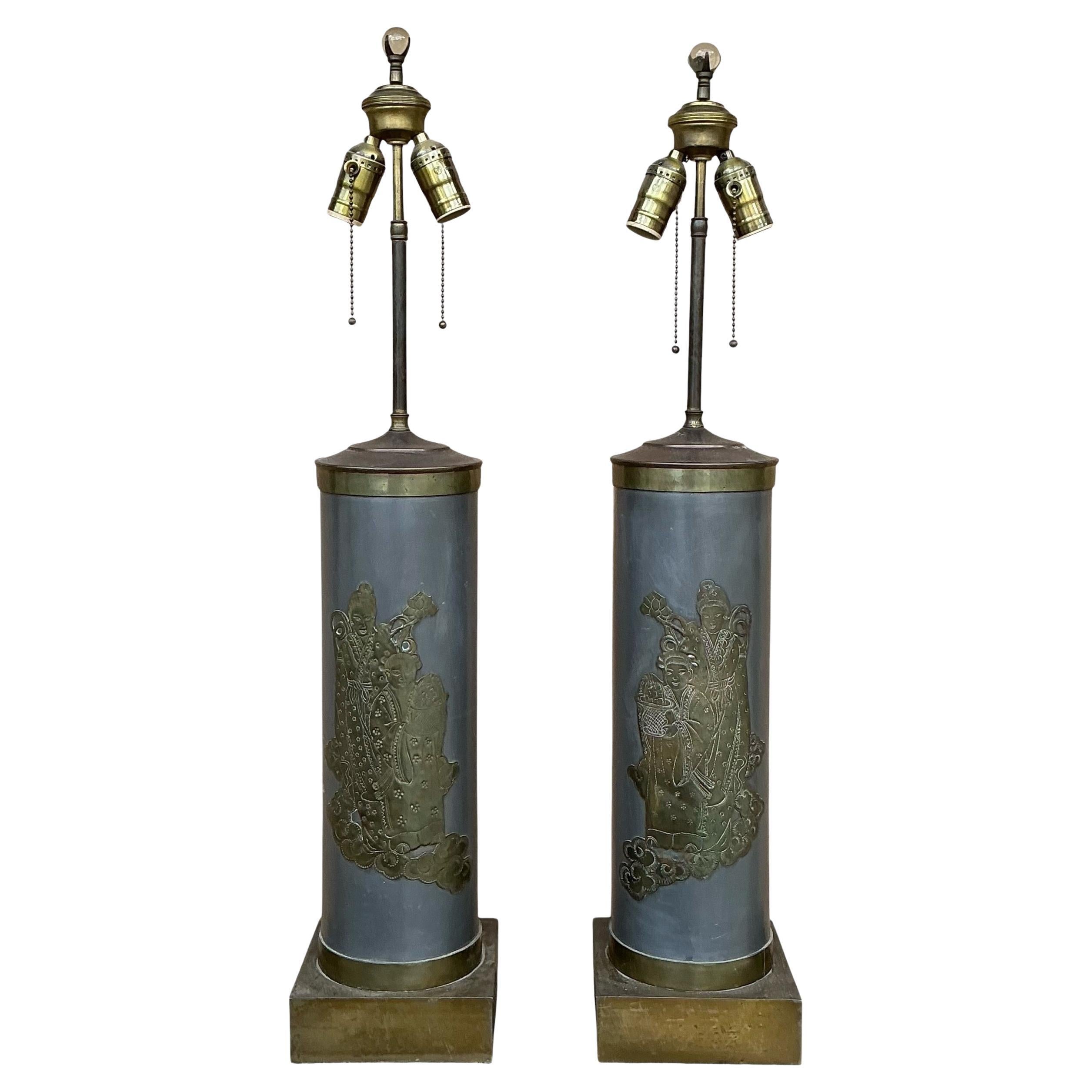 Mid-Century Modern James Mont Stil Zylinder-Tischlampen aus Messing / Bronze - Paar