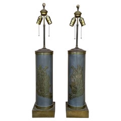 Mid-Century Modern James Mont Style Cylinder Brass / Bronze Table Lamps - Pair