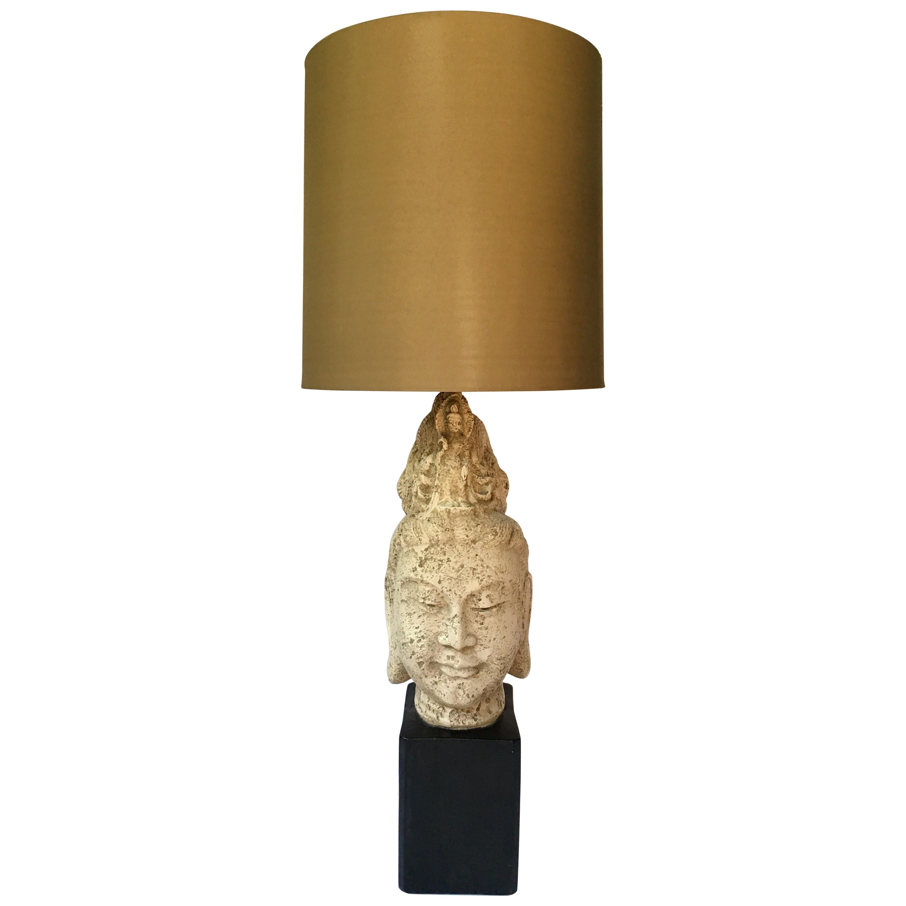 Mid-Century Modern James Mont Style Plaster Buddha Bust Figural Table Lamp