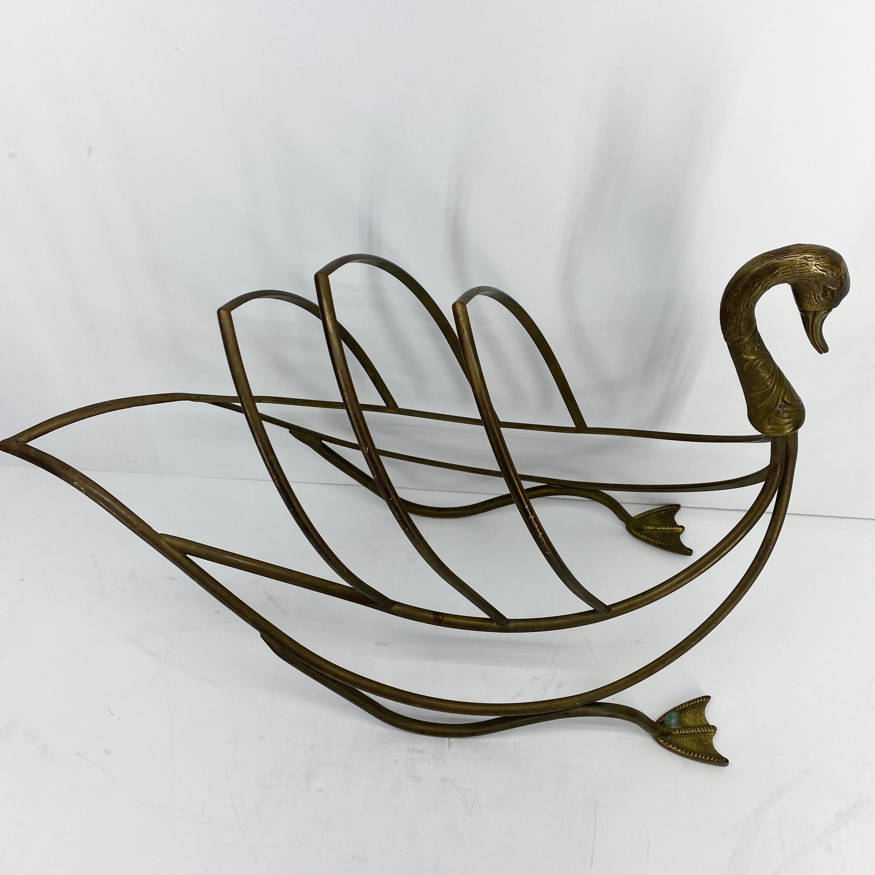 Hand-Crafted Mid-Century Modern Jansen Brass Swan Magazine Rack For Sale
