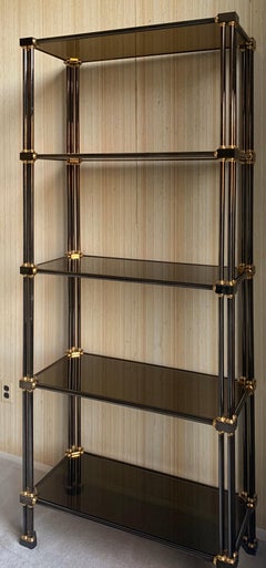 Mid-Century Modern Jansen Bronze Brass Gun Metal Grey Glass Étagère Curio Shelf