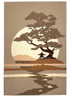 Mid-Century Modern Japanese Landscape Textile Wall Art on Stretched Canvas