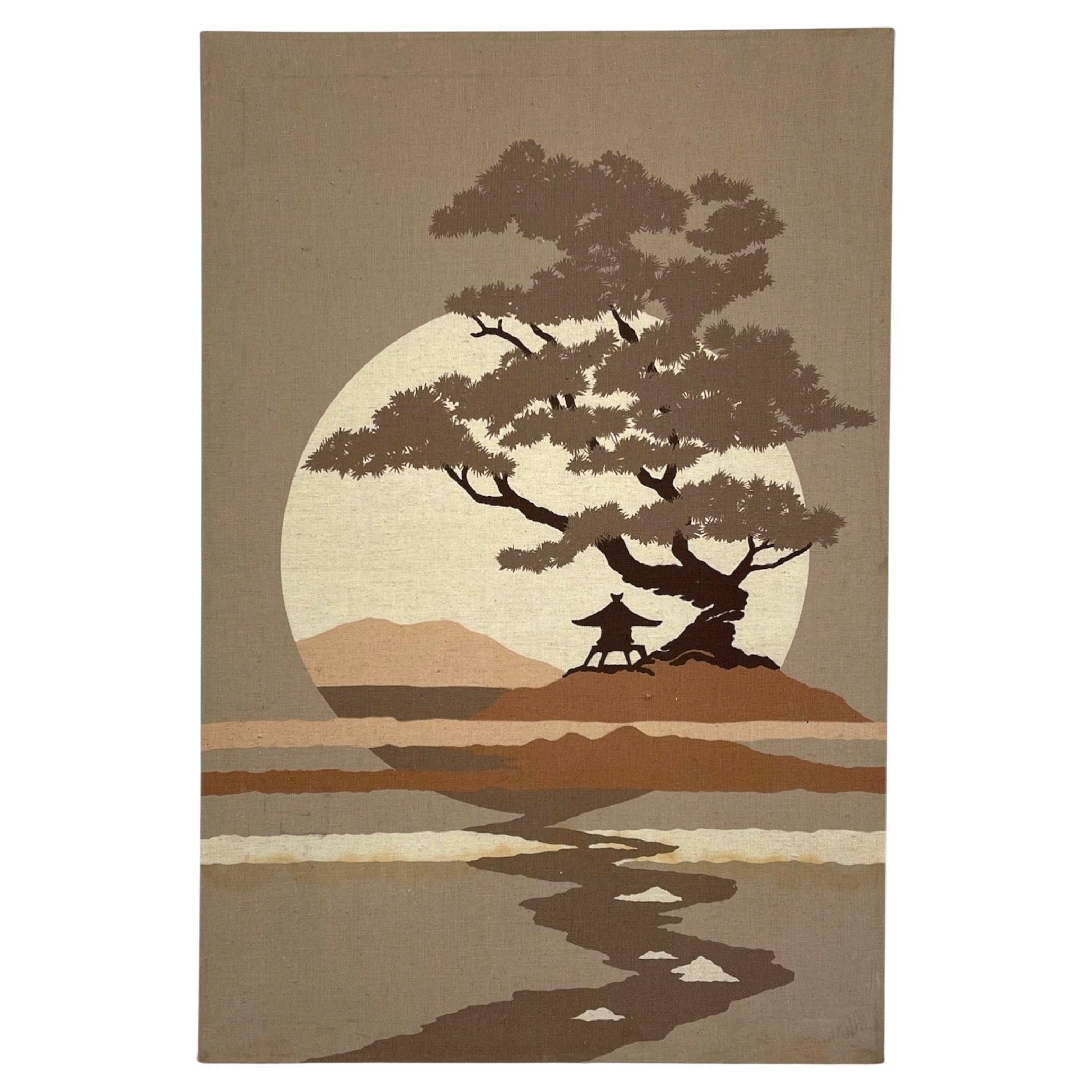 Arte murale tessile del paesaggio giapponese moderno di metà secolo su tela stirata in vendita