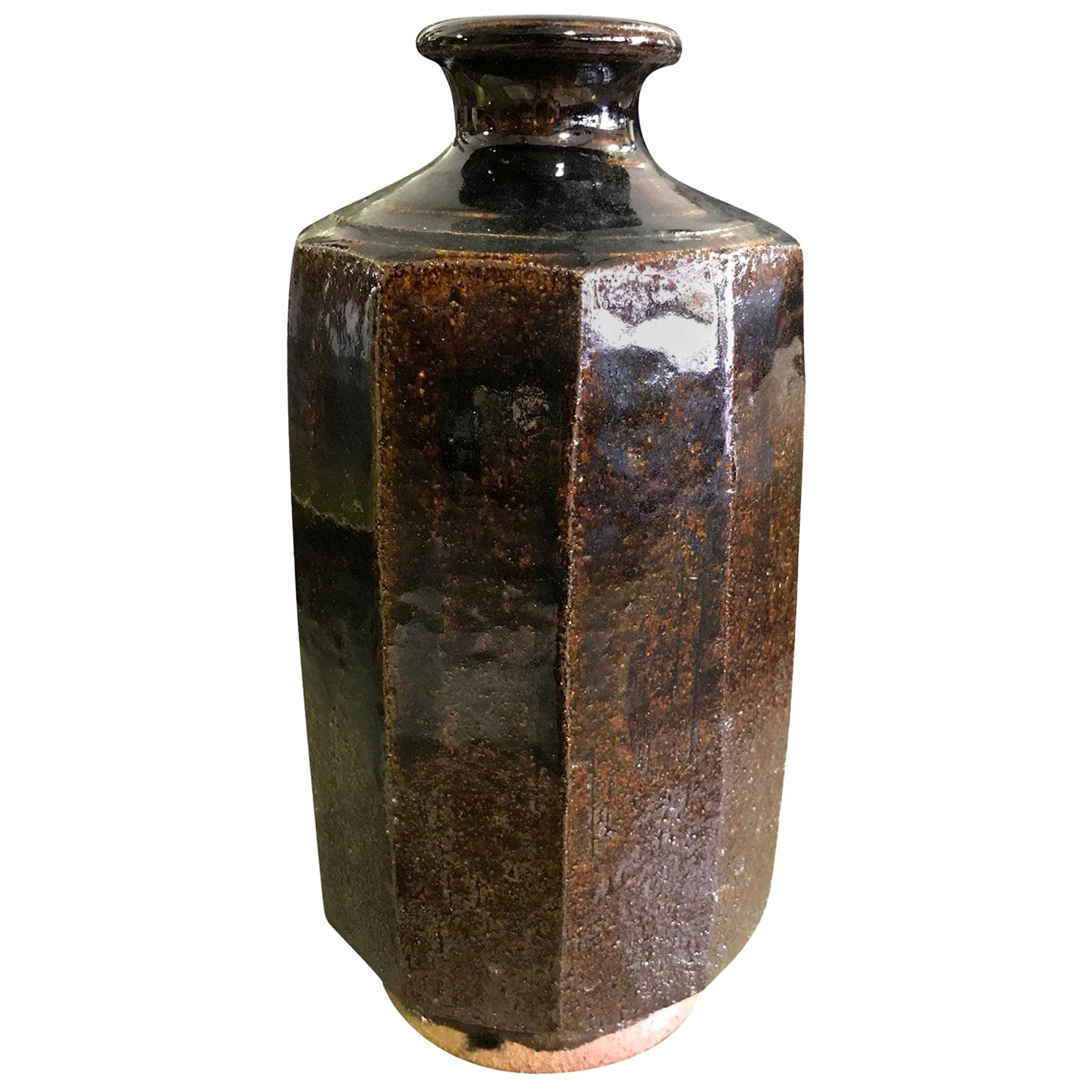 Mid-Century Modern Japanese Style Ten-Sided Tenmoku Glazed Stoneware Studio Vase