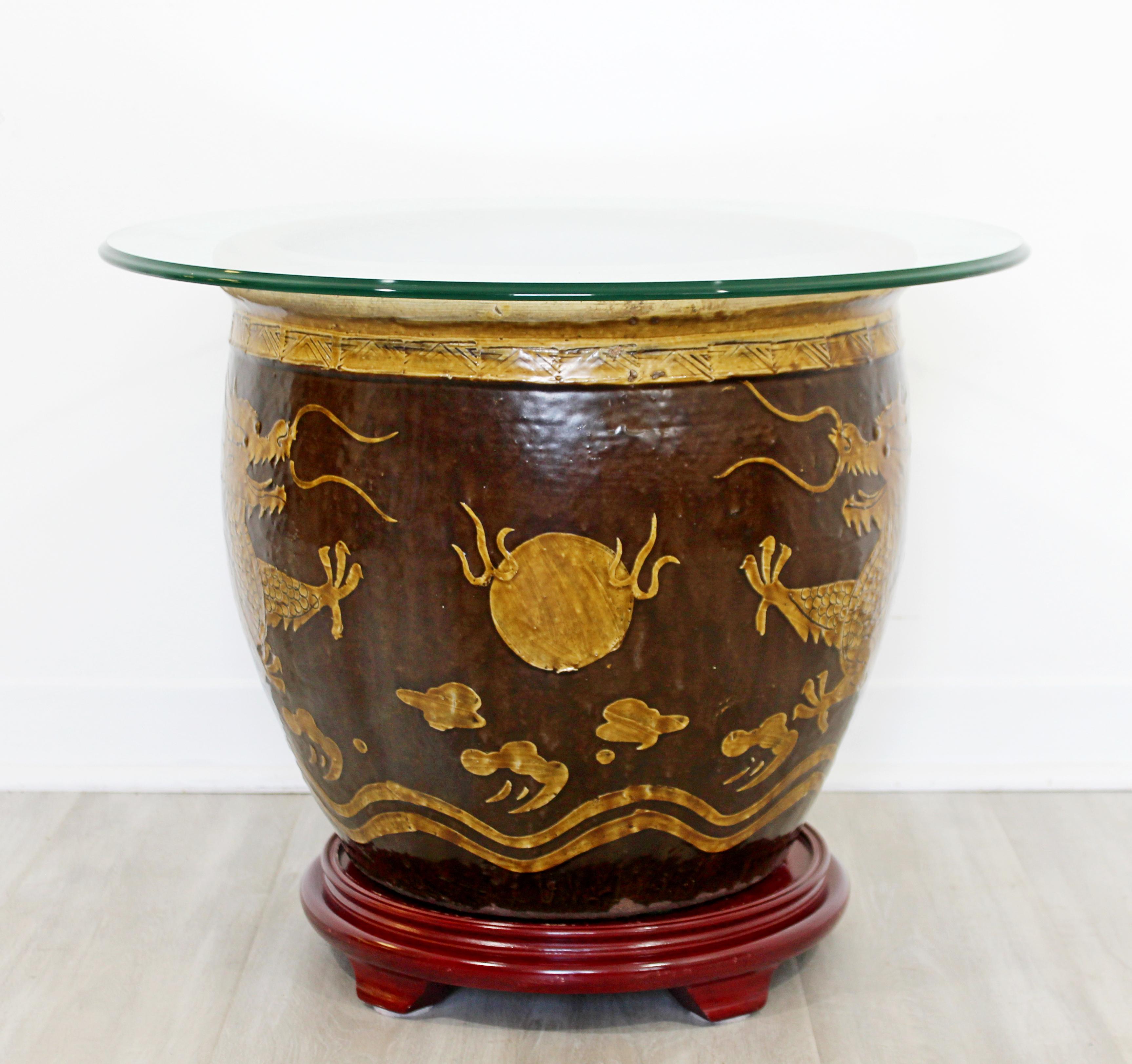 Mid-Century Modern Jardinière Ceramic Side End Table Vessel Planter Dragons In Good Condition In Keego Harbor, MI