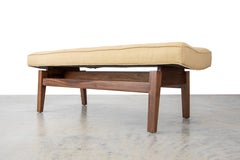 Mid century modern Jens Risom 4' floating bench in walnut and linen fabric