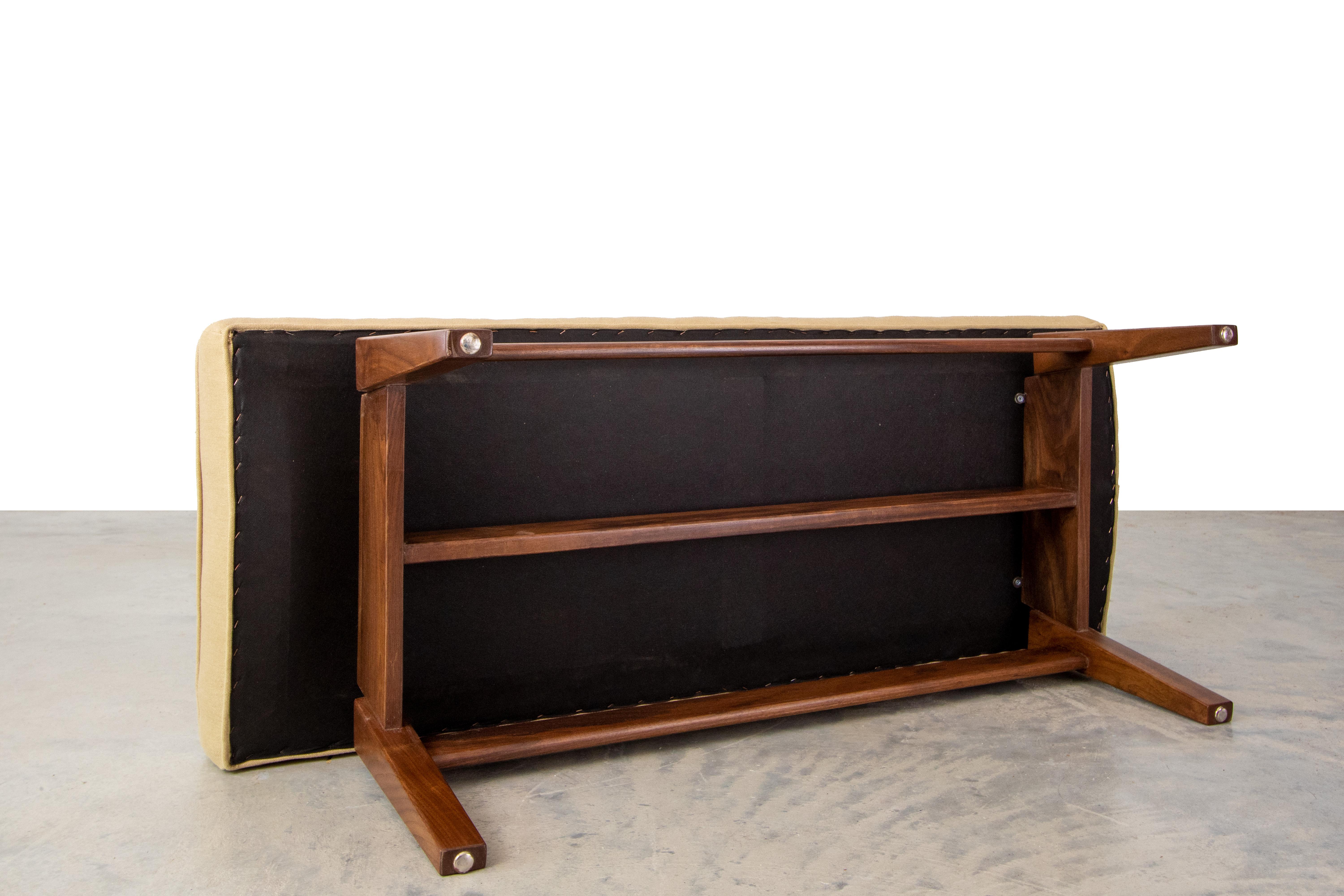 American Mid century modern Jens Risom 4' floating bench in walnut and linen fabric