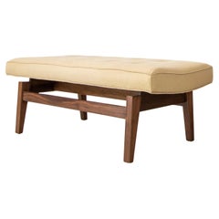 Mid century modern Jens Risom 4' floating bench in walnut and linen fabric