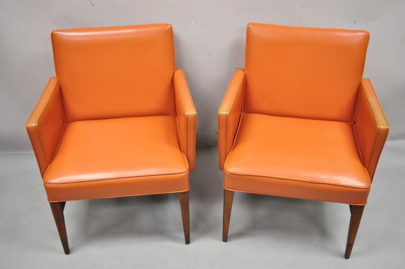 Naugahyde Mid-Century Modern Jens Risom Style Orange Vinyl Club Lounge Chair, a Pair For Sale