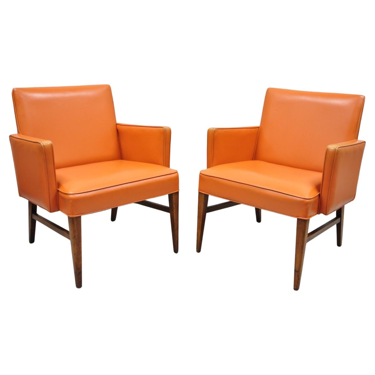 Mid-Century Modern Jens Risom Style Orange Vinyl Club Lounge Chair, a Pair