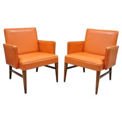 Retro Mid-Century Modern Jens Risom Style Orange Vinyl Club Lounge Chair, a Pair