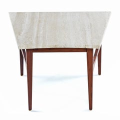 Mid-Century Modern Jens Risom Style Wedge Travertine and Walnut Side Table