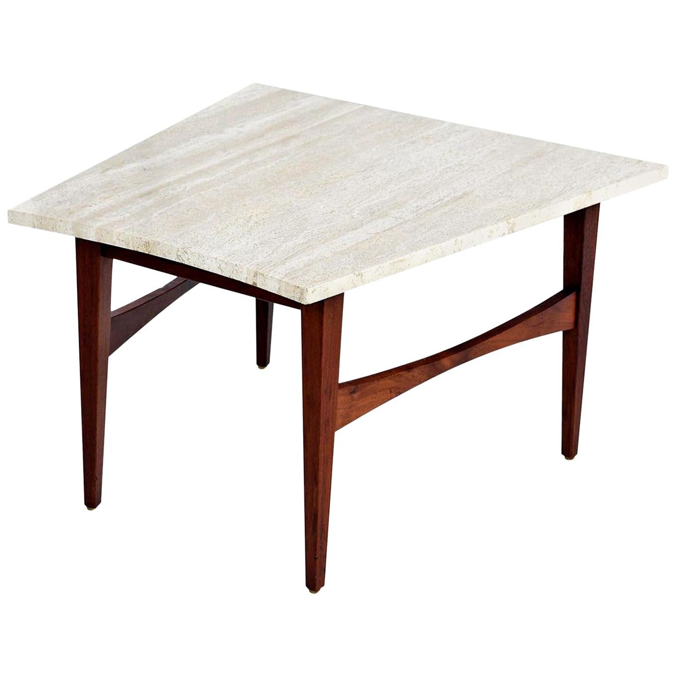Mid-Century Modern Jens Risom Style Wedge Travertine and Walnut Side Table