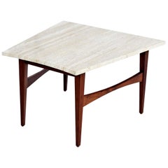 Mid-Century Modern Jens Risom Style Wedge Travertine and Walnut Side Table