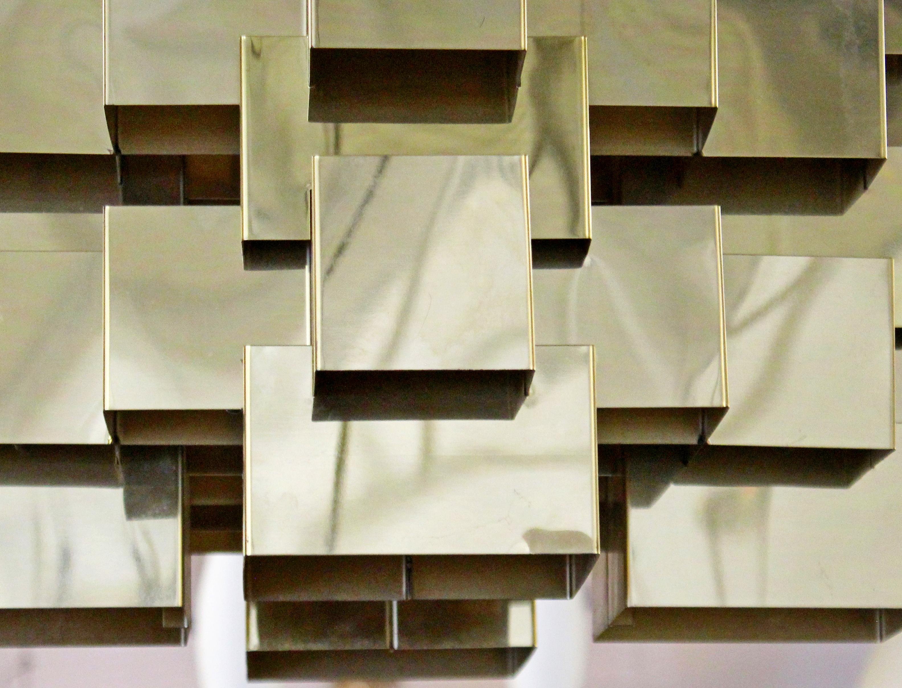 American Mid-Century Modern Jere Signed Cubist Brass Pendant Fixture Chandelier, 1970s