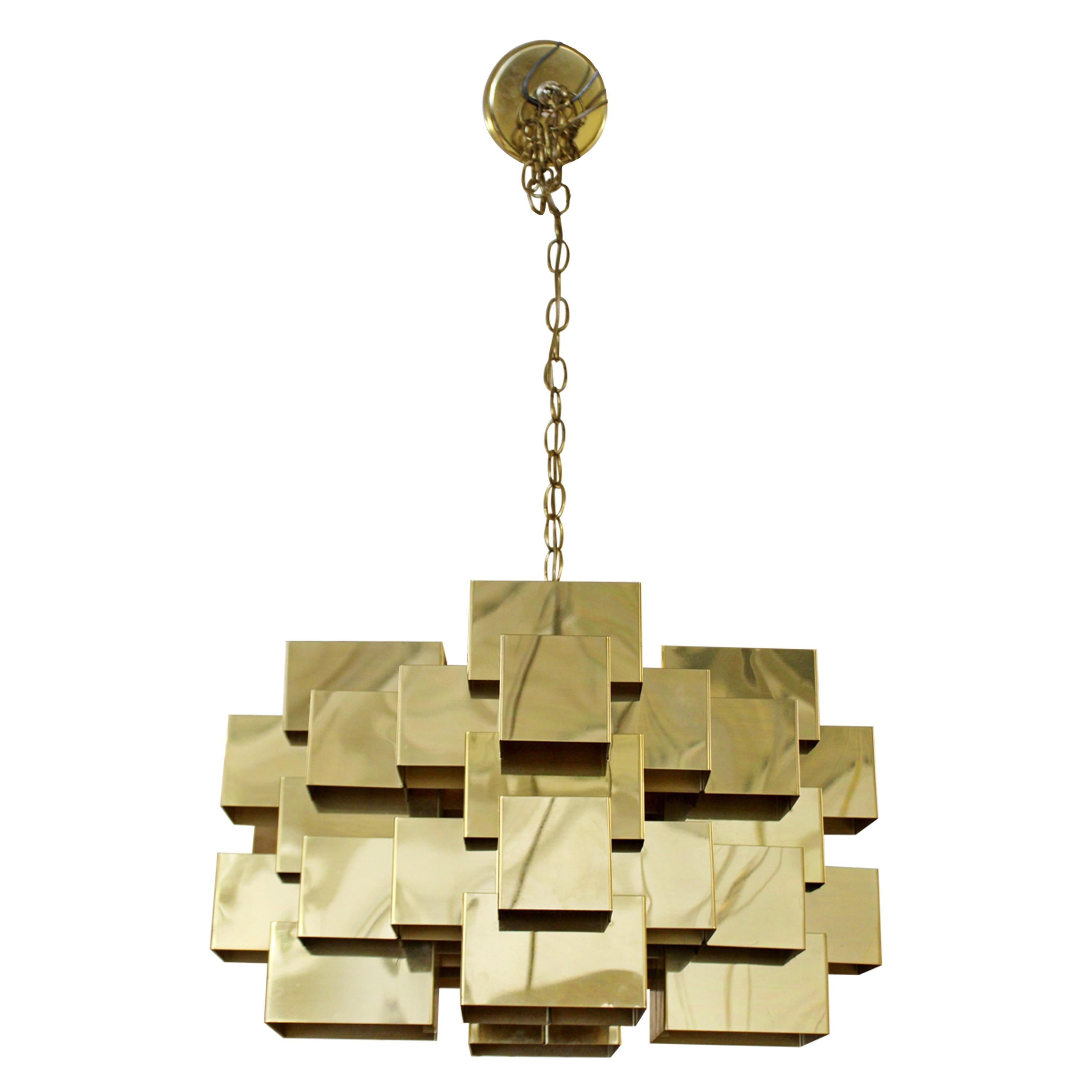 Mid-Century Modern Jere Signed Cubist Brass Pendant Fixture Chandelier, 1970s