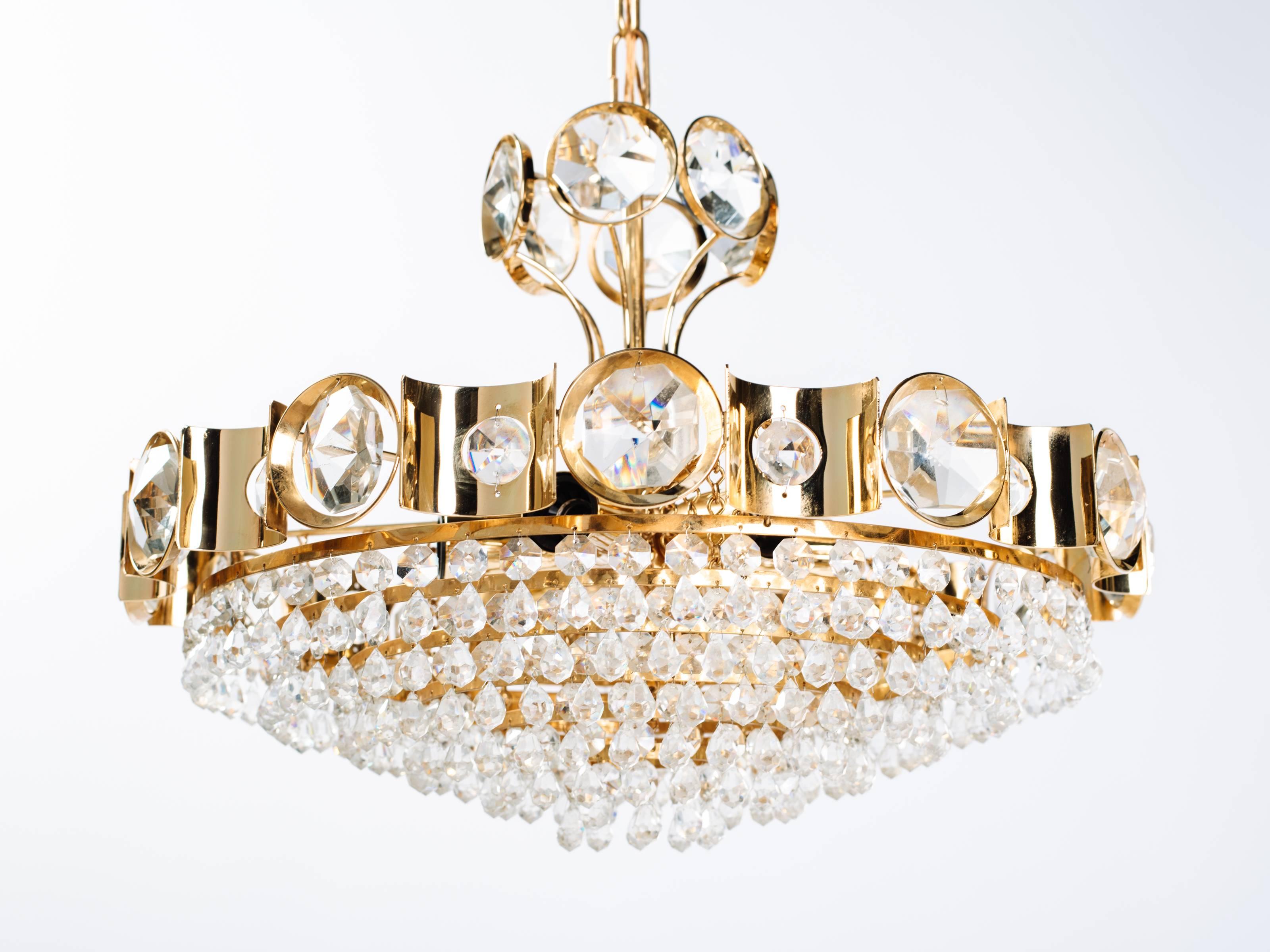 Hand-Crafted Mid-Century Modern Jeweled Cut Crystal and Gold Chandelier by Lobmeyr