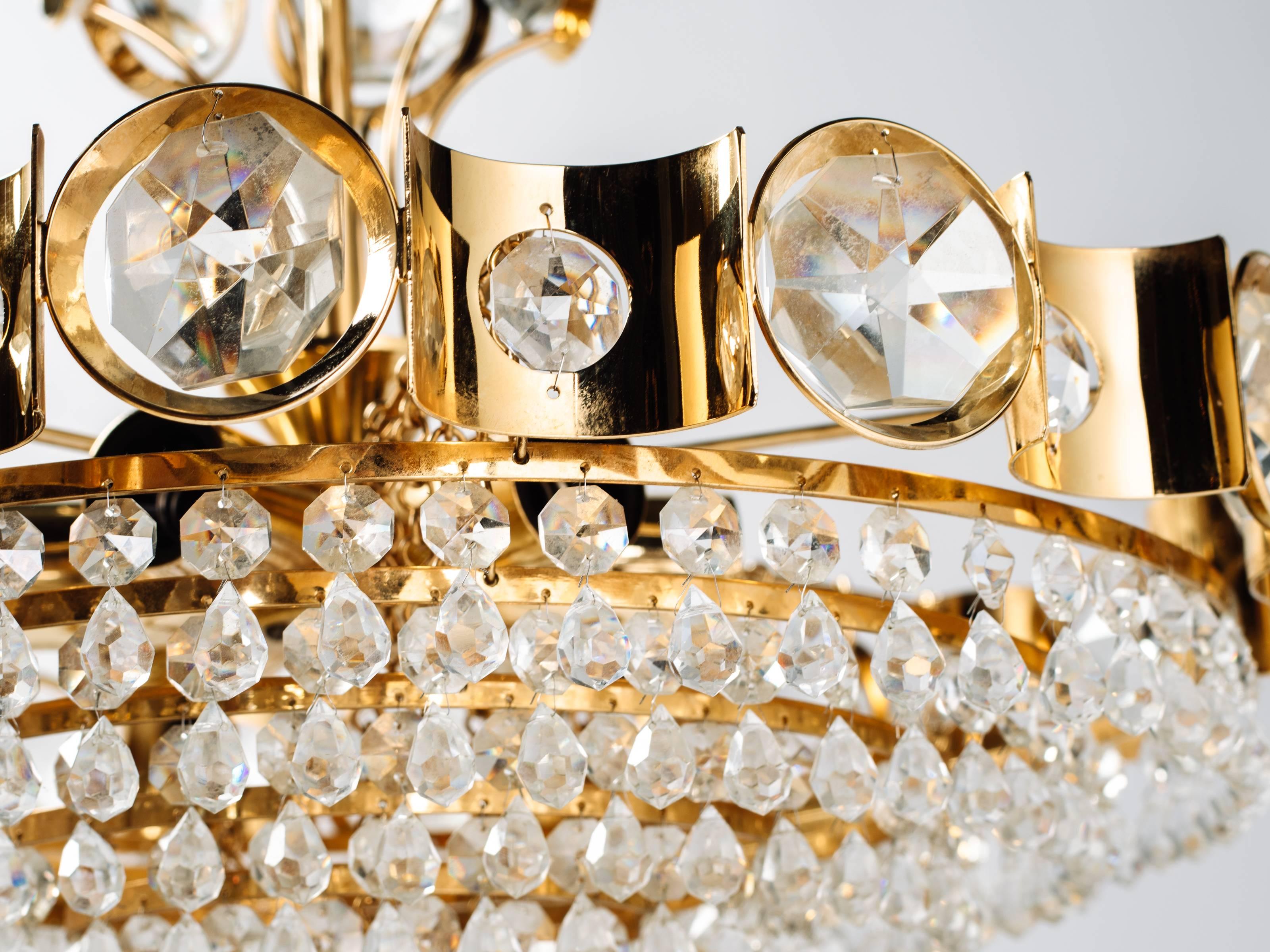 Mid-Century Modern Jeweled Cut Crystal and Gold Chandelier by Lobmeyr In Excellent Condition In Fort Lauderdale, FL