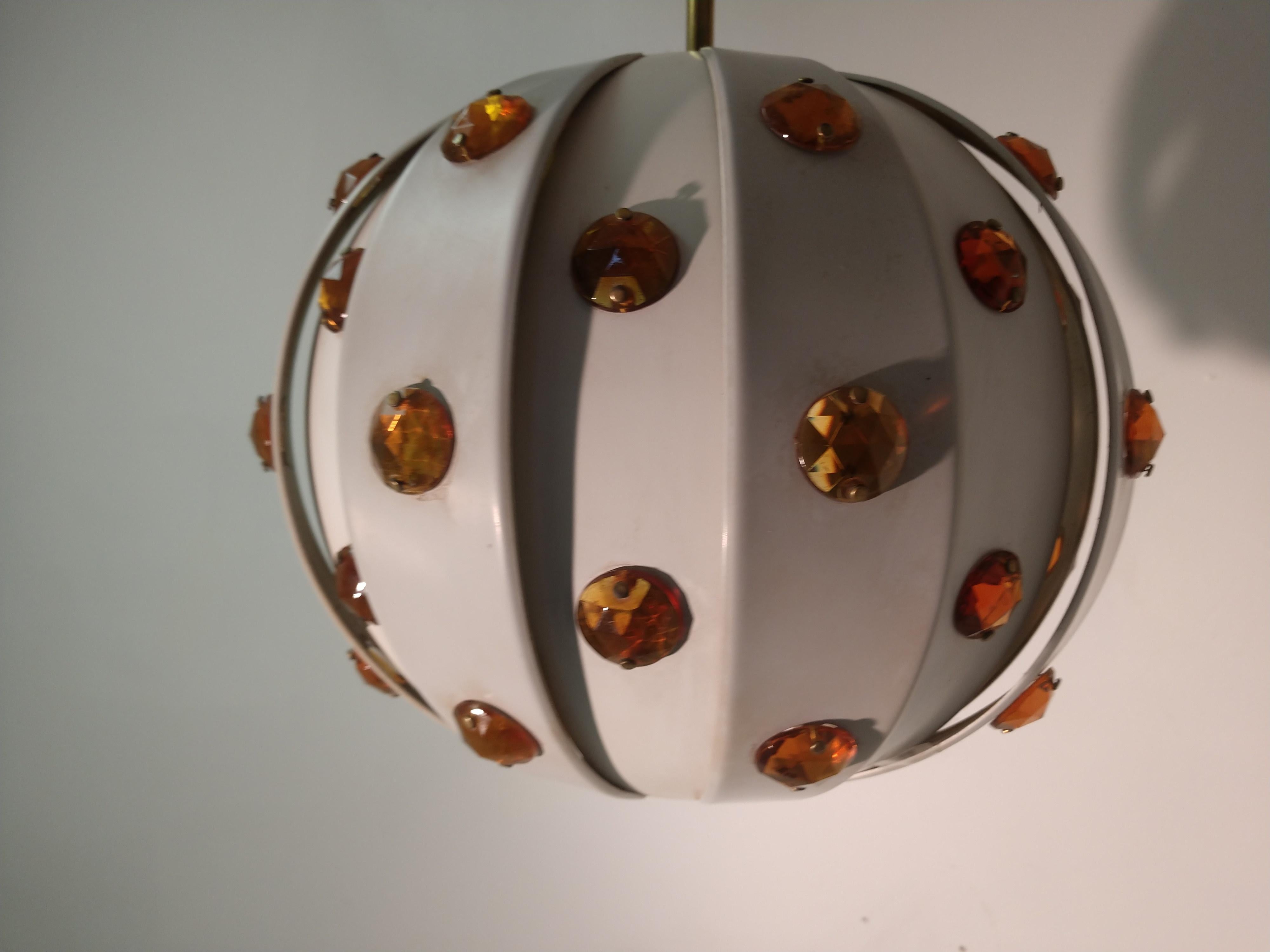 Brass Mid-Century Modern Jeweled Pendant Lamp Chandelier For Sale