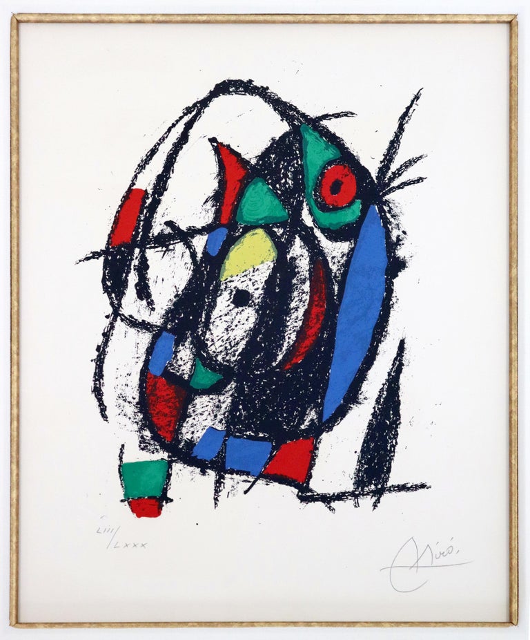 For your consideration is an incredible, framed lithograph in colors, signed by Joan Miro, numbered 53/80. In excellent condition. The dimensions of the frame are 20.5