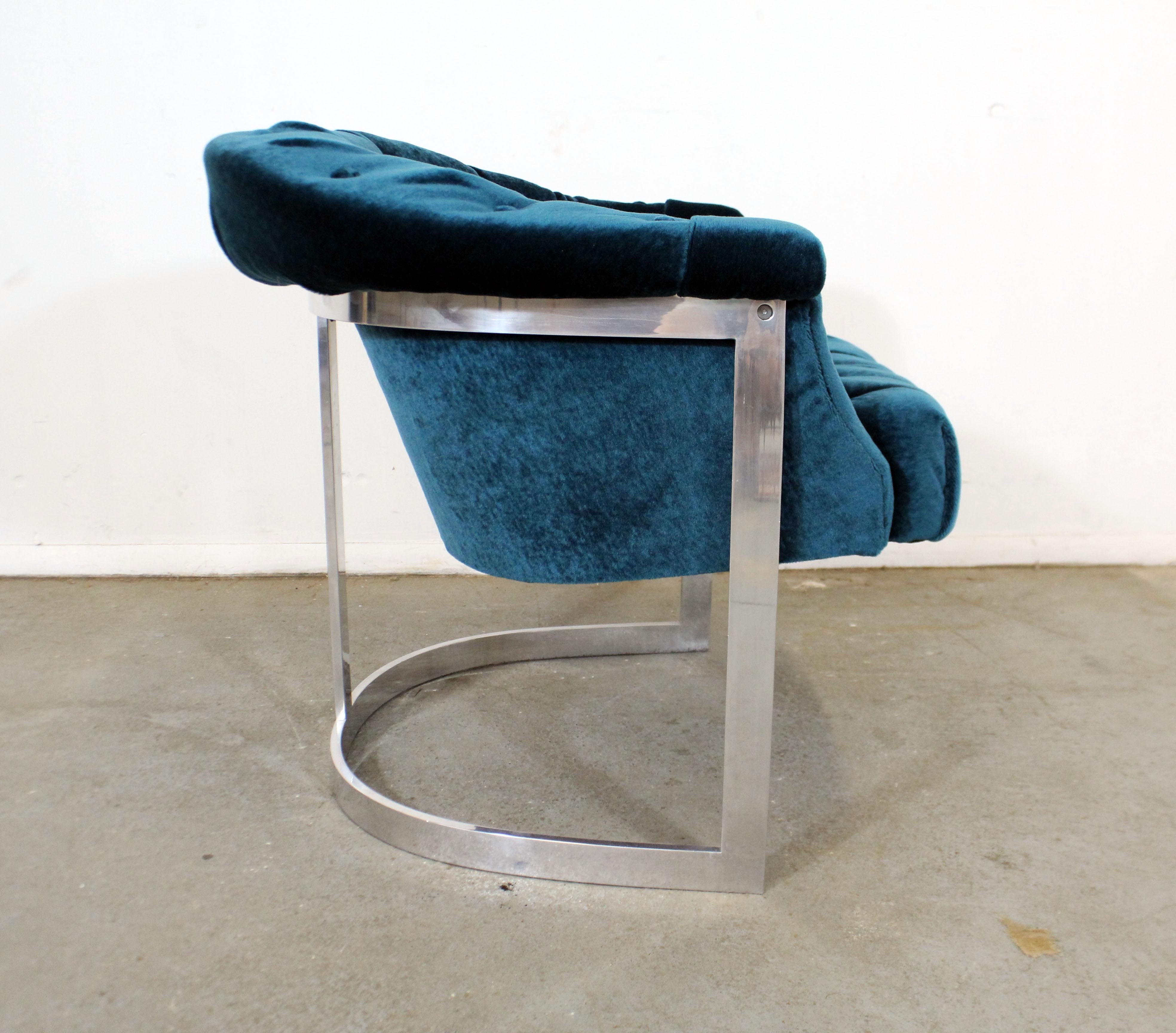 American Mid-Century Modern John Stuart Tufted Crushed Velvet Chrome Lounge Chair